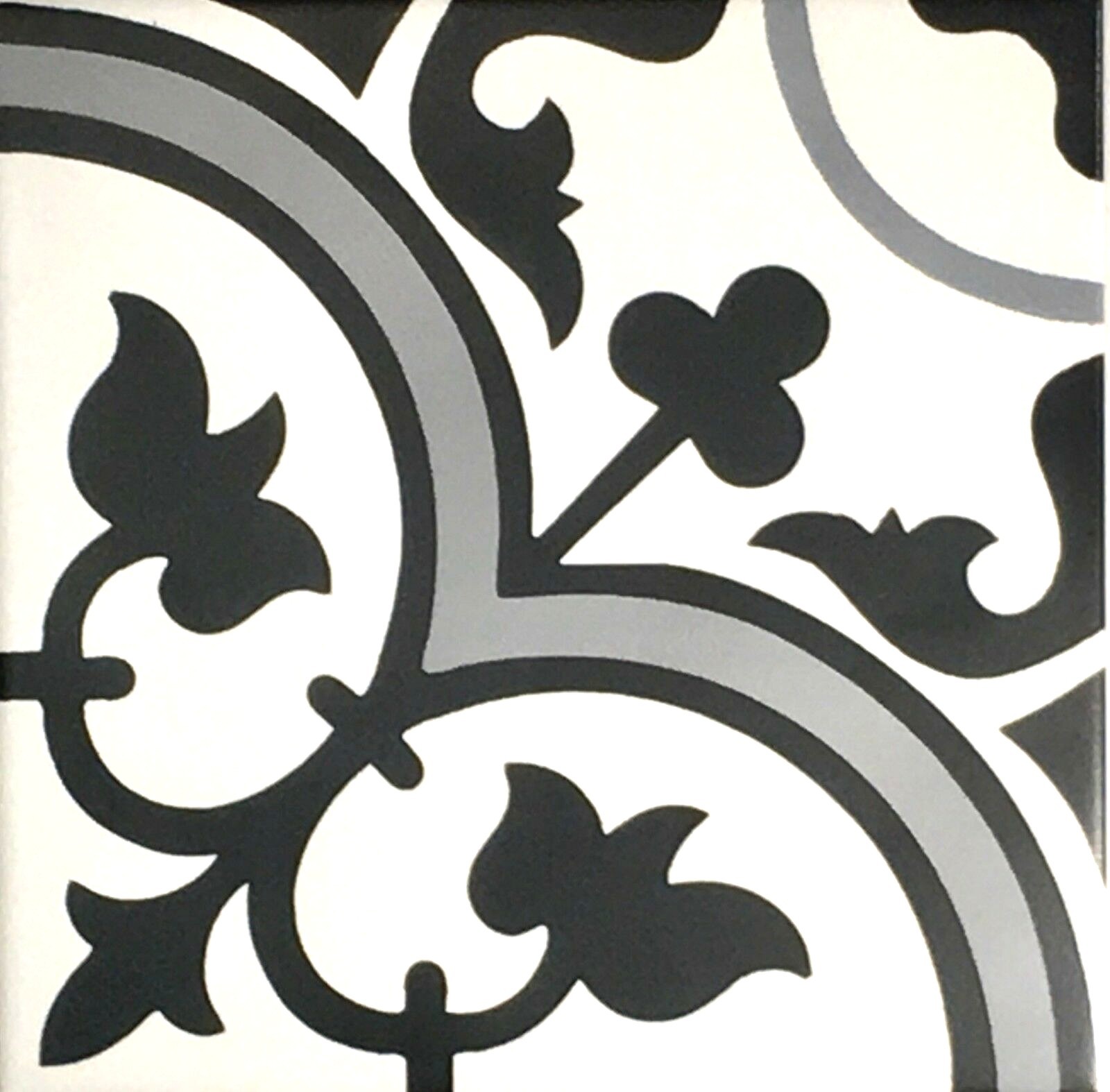 8×8 Flora Gray Black White Encaustic Design Satin Glaze Ceramic (8 PIECE BOX)