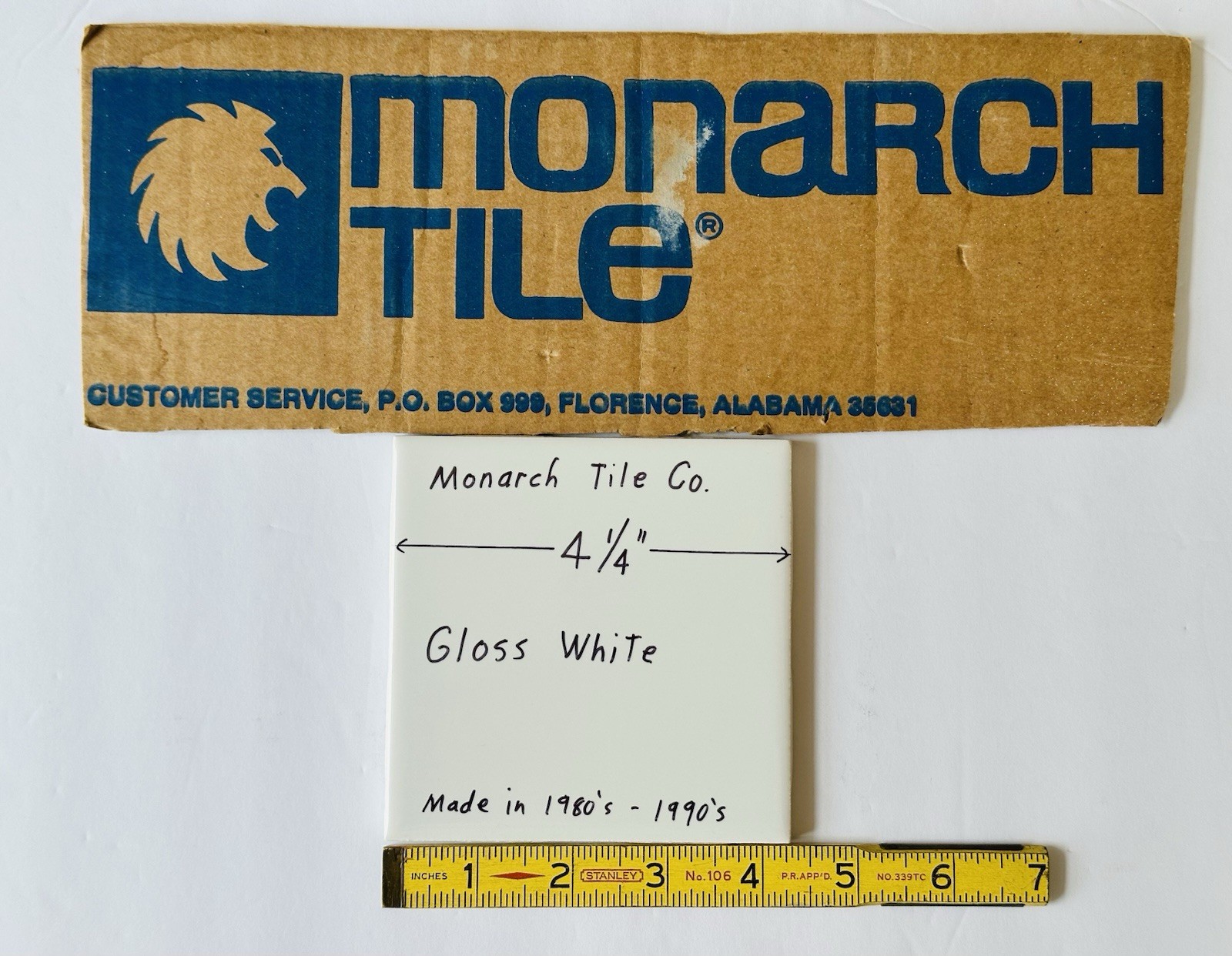 1 pc. Gloss – Bright – White: 4-1/4″ Ceramic Tile by Monarch Tile Co. USA, New