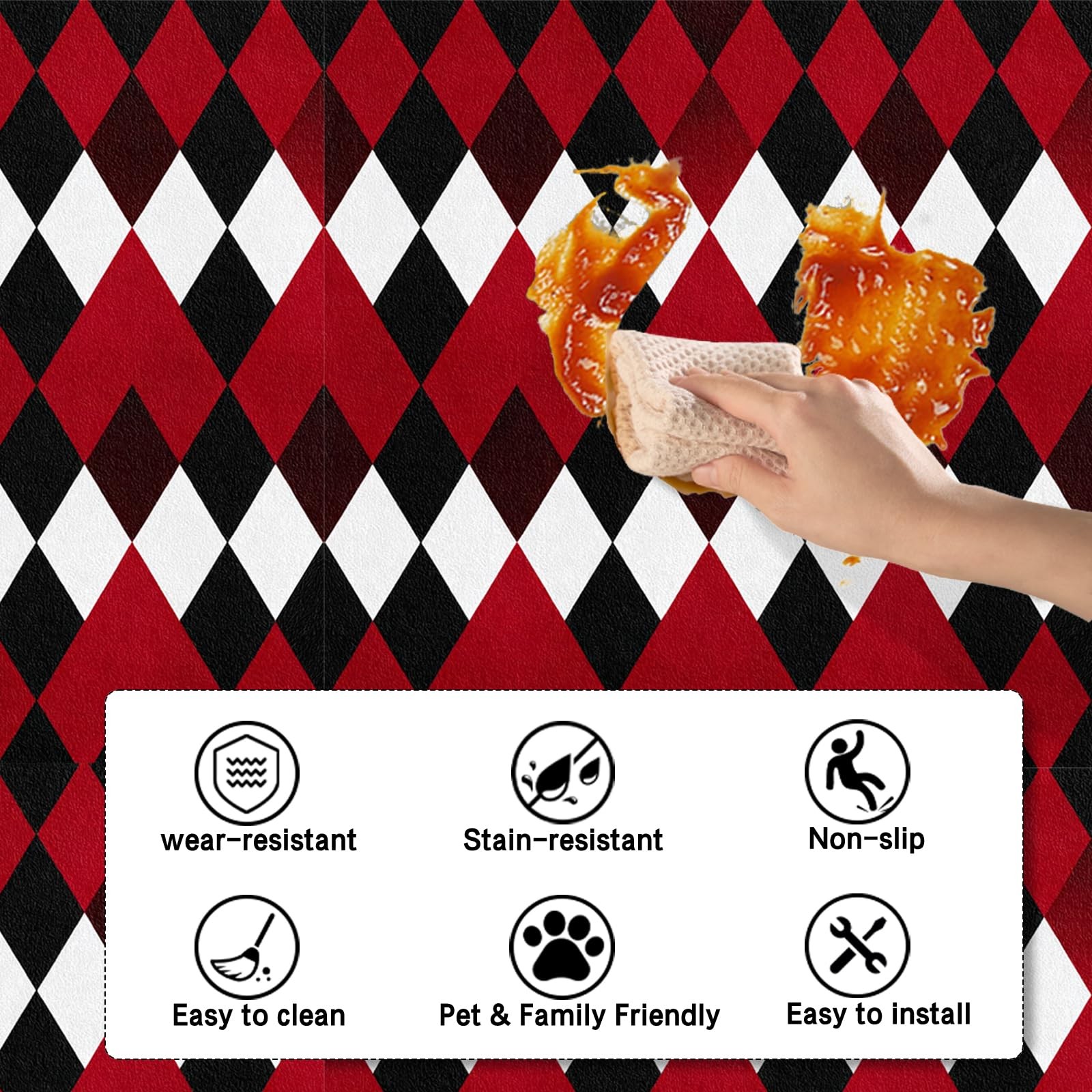 Peel and Stick Vinyl Floor Tiles, 11.8″x11.8″ Red & Black Argyle Pattern, 10-…