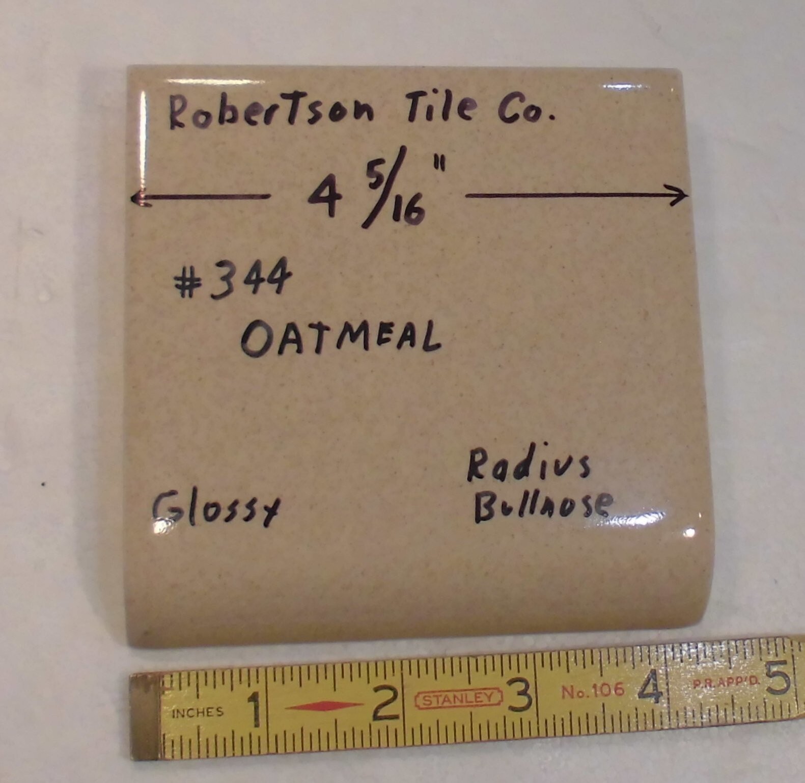 1 pc. Oatmeal-Buckwheat: Radius Bullnose Glossy Ceramic Tile Robertson 4-5/16″