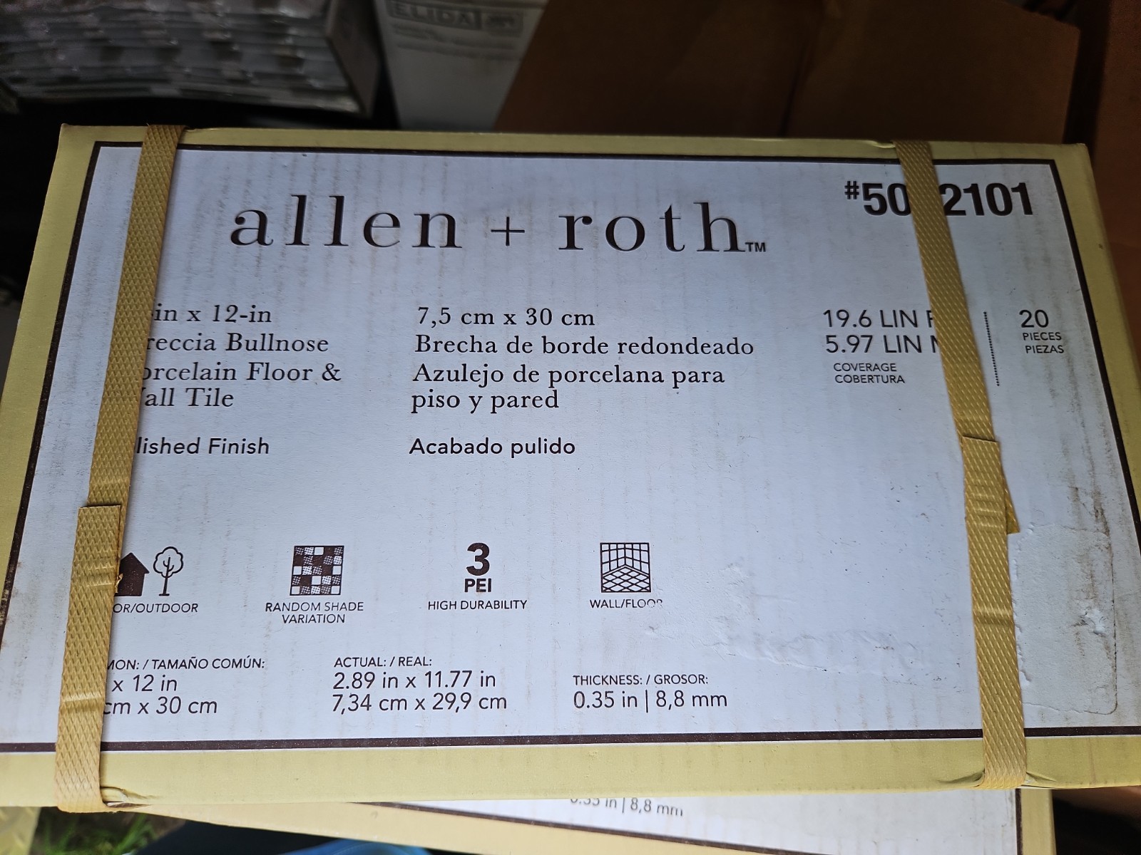 allen + roth Breccia 3-in x 12-in Polished Porcelain Bullnose Tile, 1 Case Each