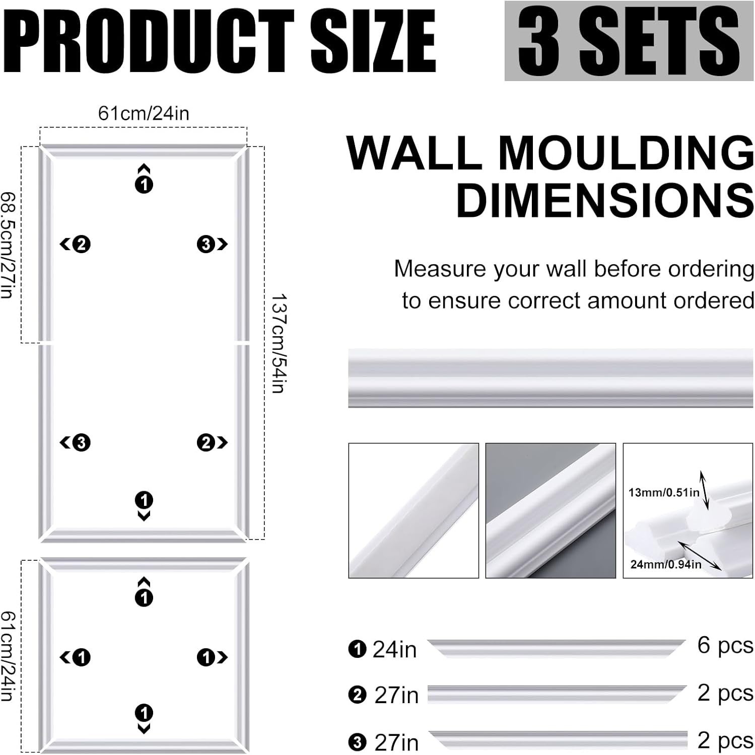 3 Set Peel and Stick Wall Molding Kit, 3D Premade Accent Molding Wainscoting …
