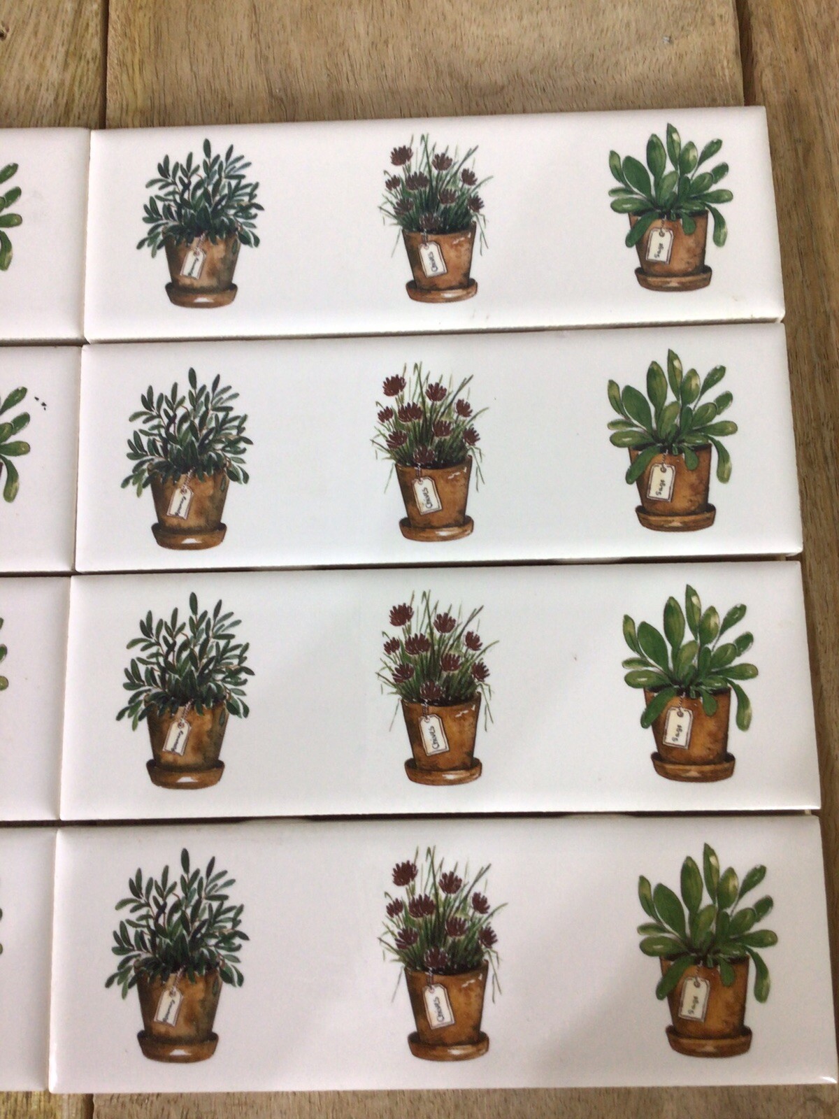 White Field Accent Wall Tile Potted Herbs Rosemary Chives Sage Set of 8