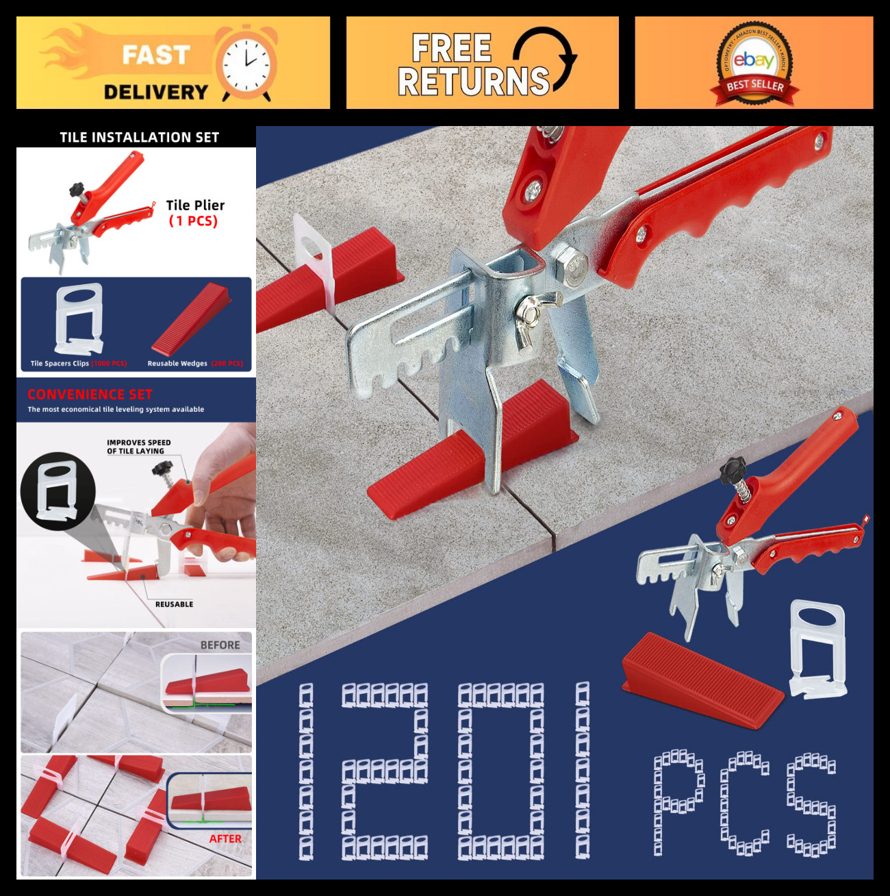 Tile Leveling System Kit – 1000 Tile Spacers Clips & 200 Reusable Wedges, Tool f