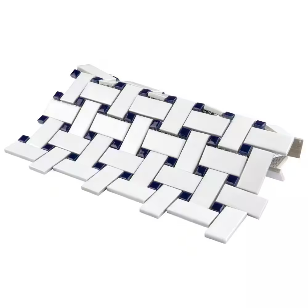 Metro Basketweave White with Glossy Cobalt Dot 11-3/4 In. X 11-3/4 In. Porcelain