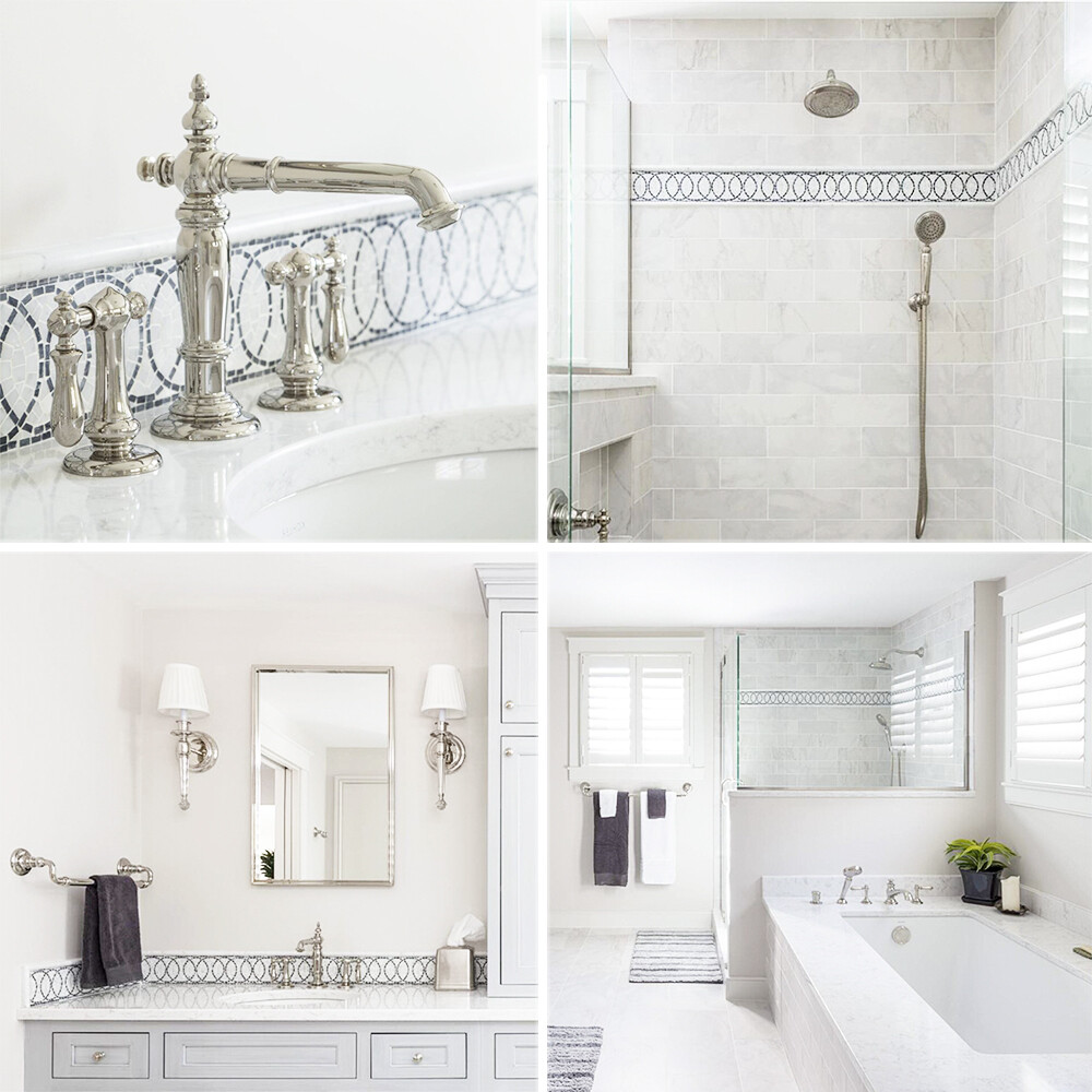 B0103P Eternal Rings Mosaic Border Carrara White Black Marble Listello Tile