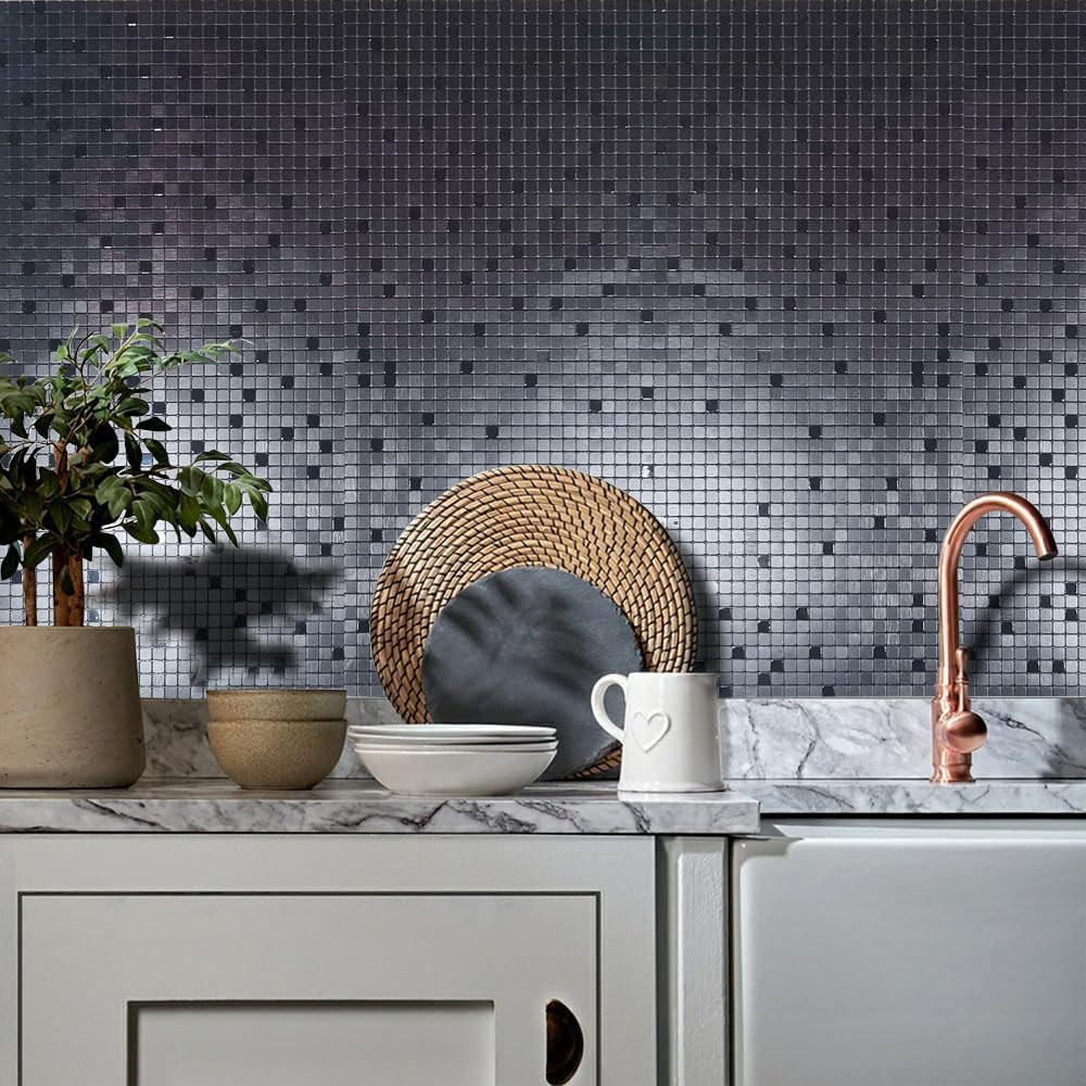 Black Aluminum Mosaic Peel & Stick Backsplash Tiles – 10 Sheets 11.41″x11.41