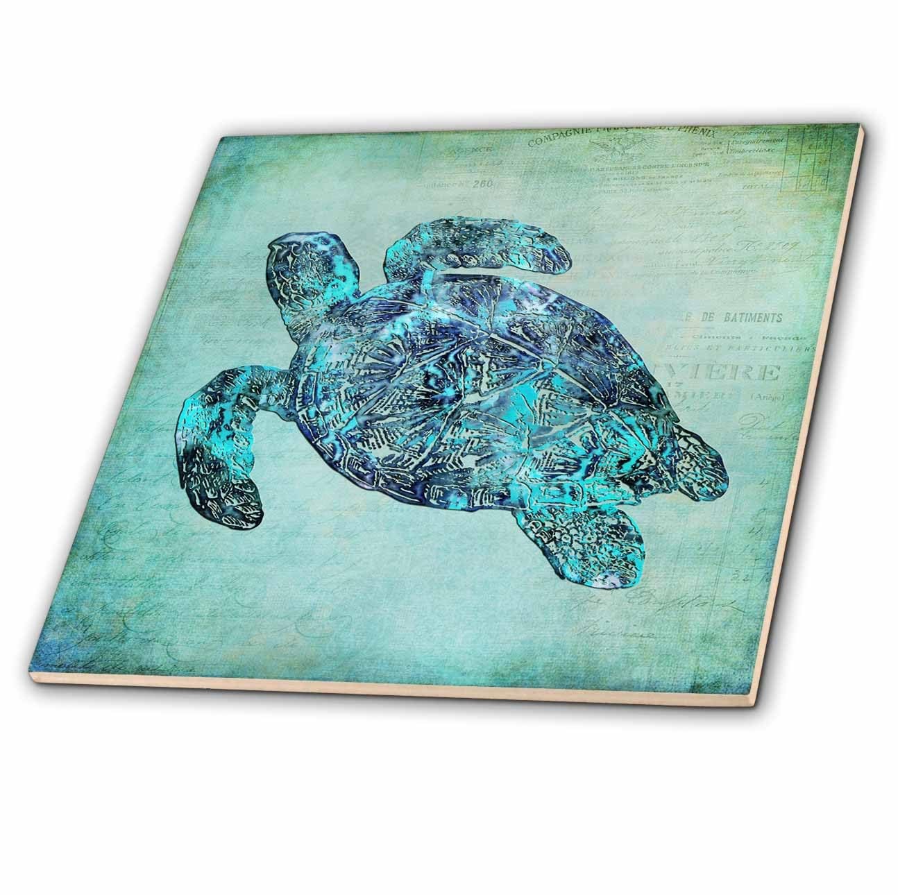 3dRose Sea Turtle Mixed Media Illustration 6 inches Decorative Tiles, Clear