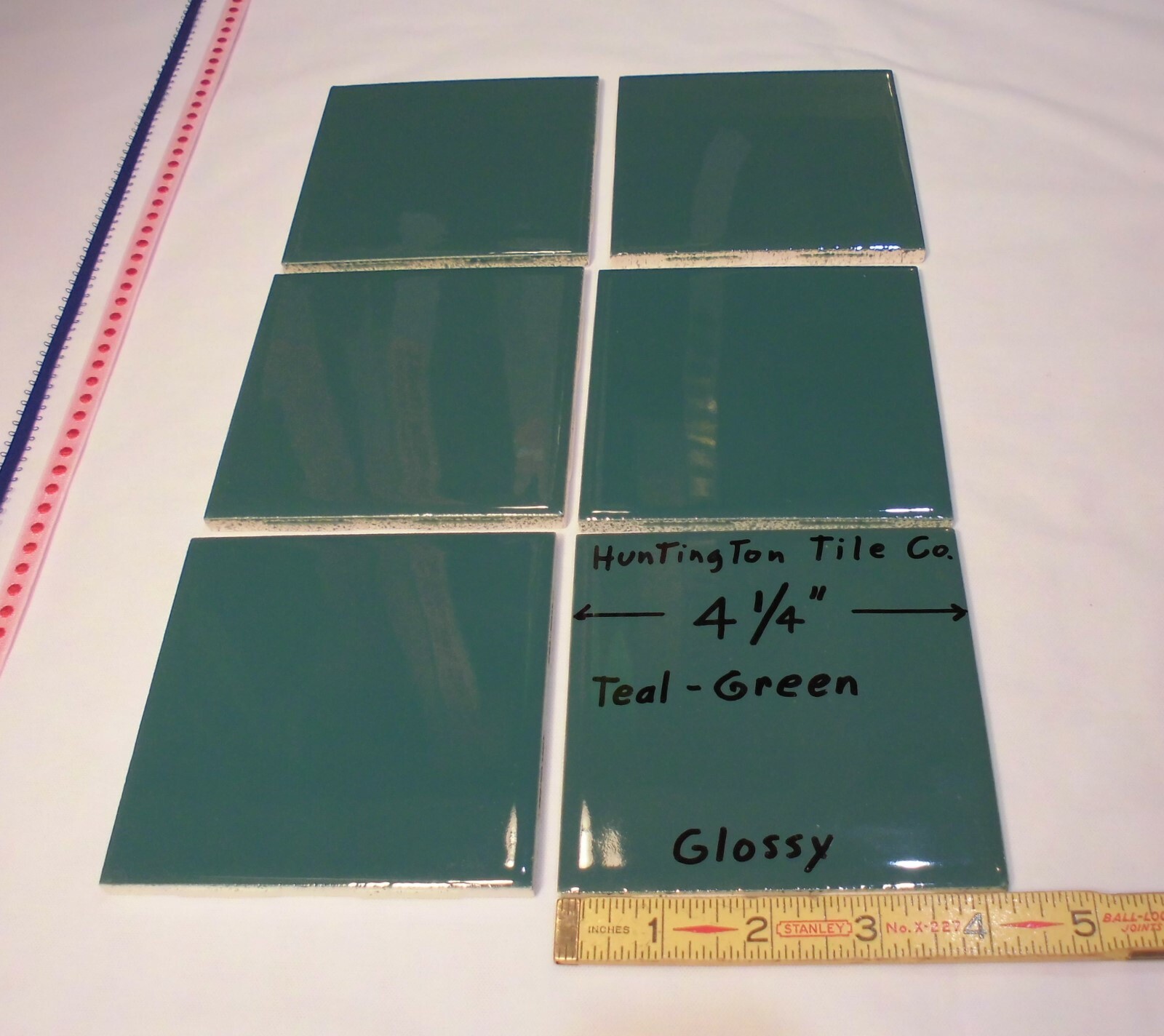 6 pcs. Glossy Ceramic Tiles *Teal-Green* 4-1/4″ Made USA by Huntington Co. NEW