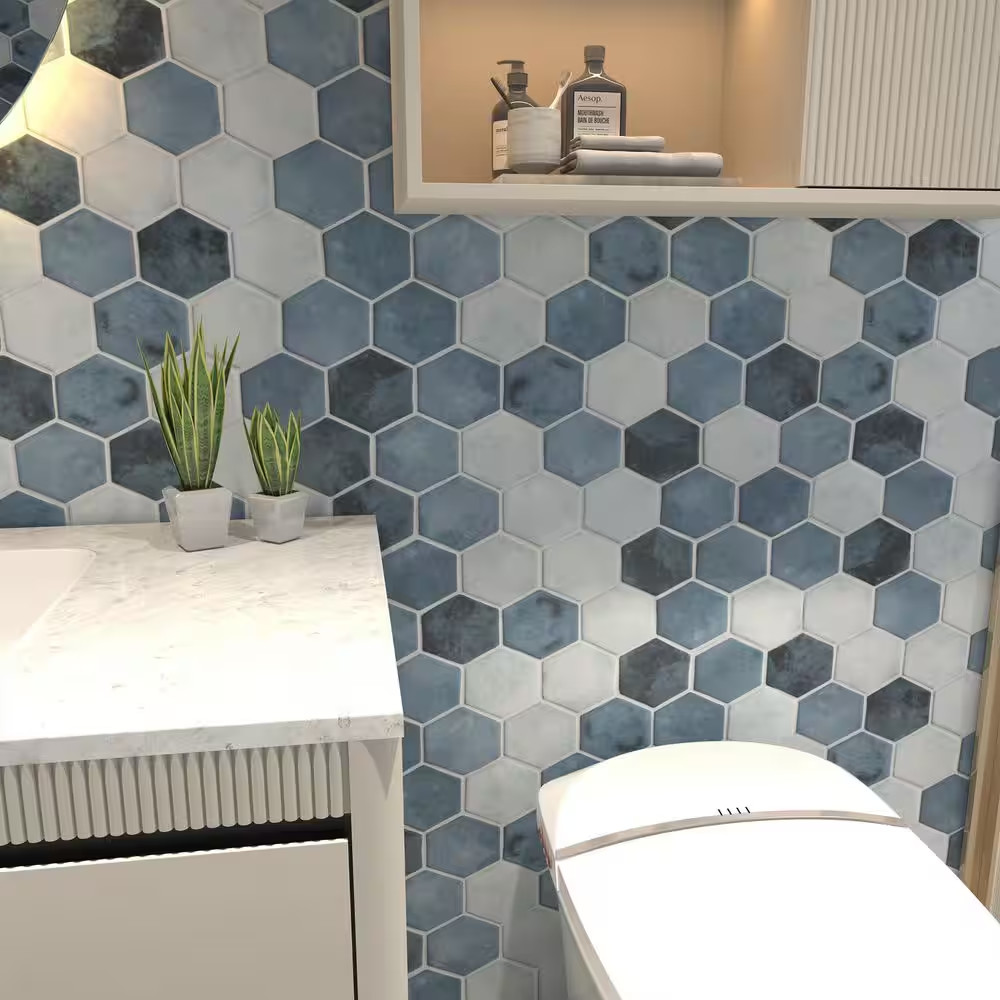Hexagon Blue Mix 11.8 In. X 10.2 In. Matte Recycled Glass Cement Looks Floor and