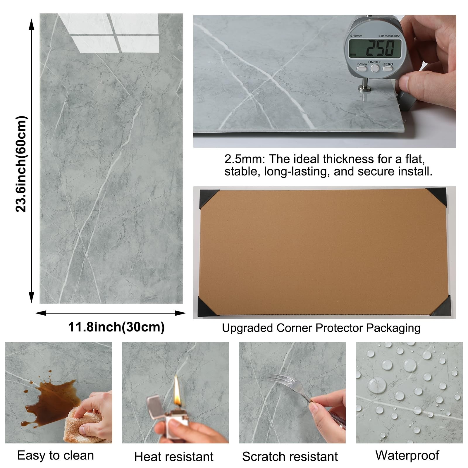 10Pcs Grey Marble Peel and Stick Wall Panels 23.6″x11.8″ Waterproof Backsplash T