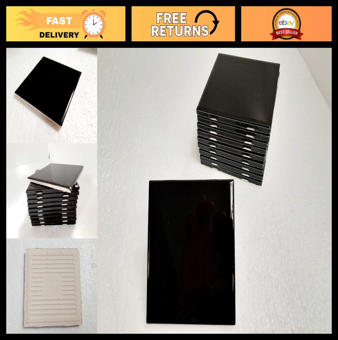 4″ Black Ceramic Tile – 10 Piece Set for Shower, Bathroom, Kitchen Backsplash