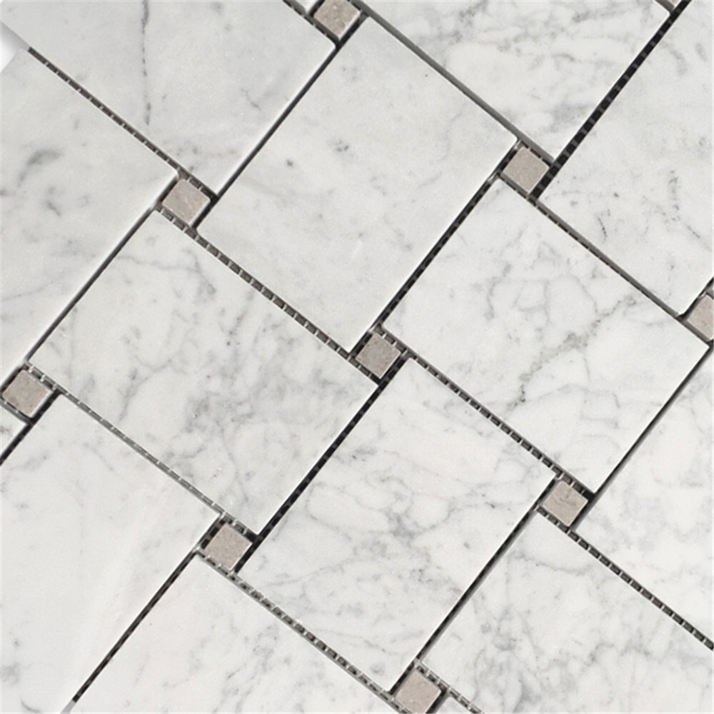 C663XH Carrara Marble Wide Basketweave Mosaic Tile Gray Dots Carrera Honed