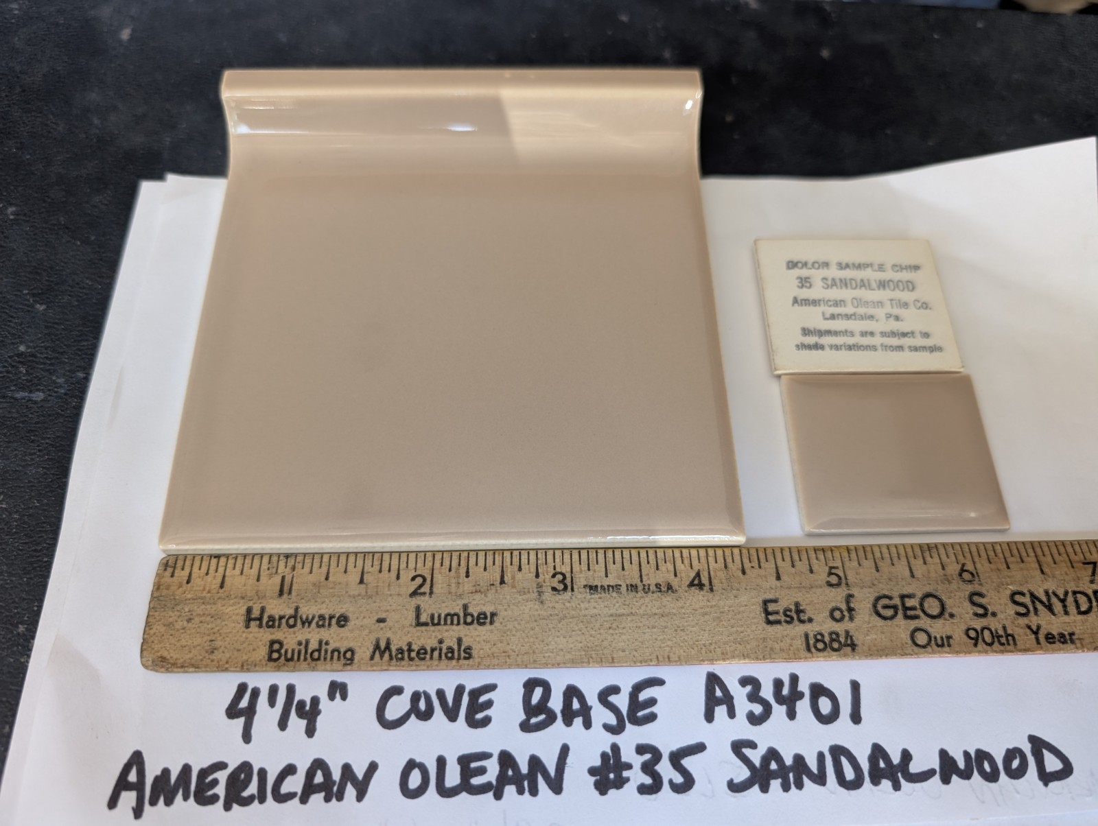 1 piece 4 1/4″ Ceramic Tile Cove base A3401 #35 Sandalwood American Olean Gloss