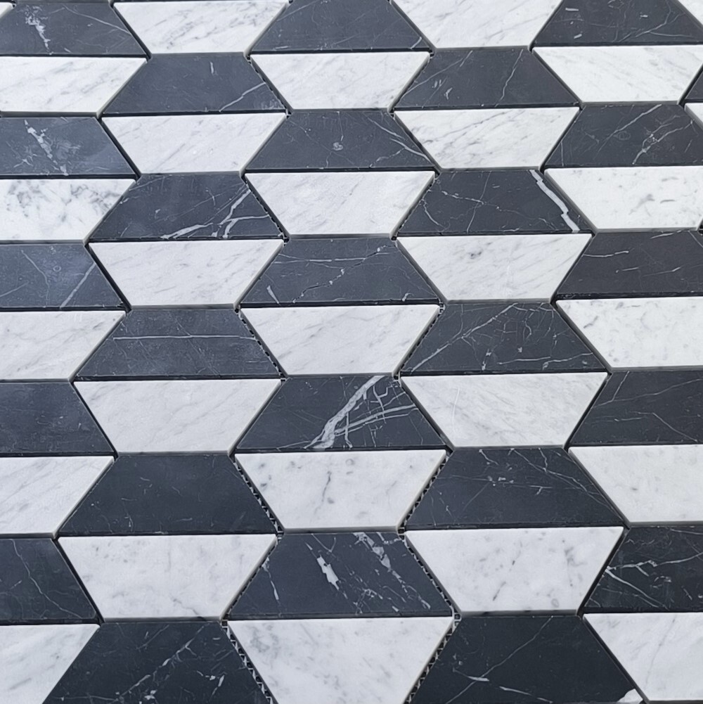 C35T1XH Carrara White Marble Trapezoid Split Hexagon Mosaic Tile Black Honed