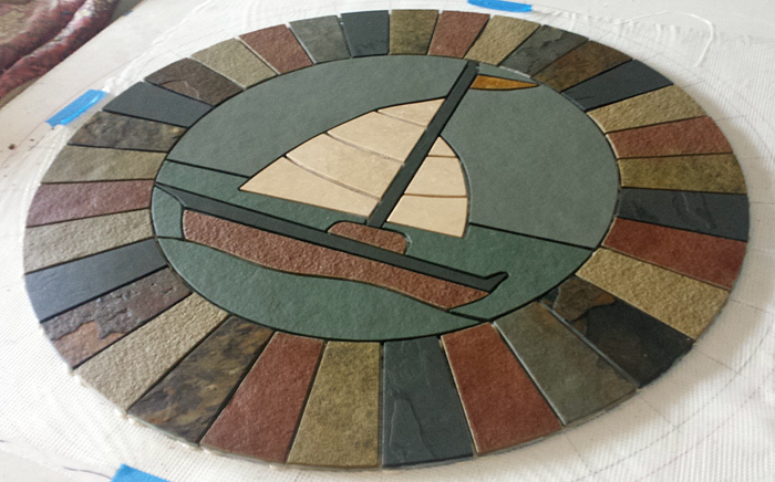 36″ Handmade Slate, Limestone & Travertine Sailboat Mosaic Tile Medallion