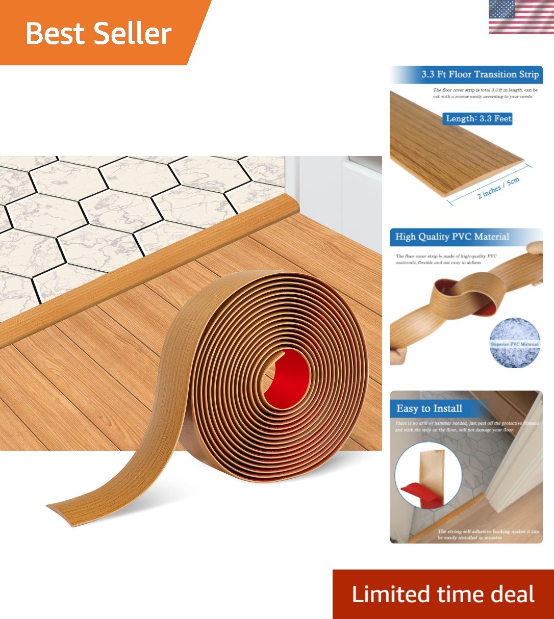 Floor Transition Strip Self Adhesive Floor Cover Strips Laminate 2″ Wide Viny…