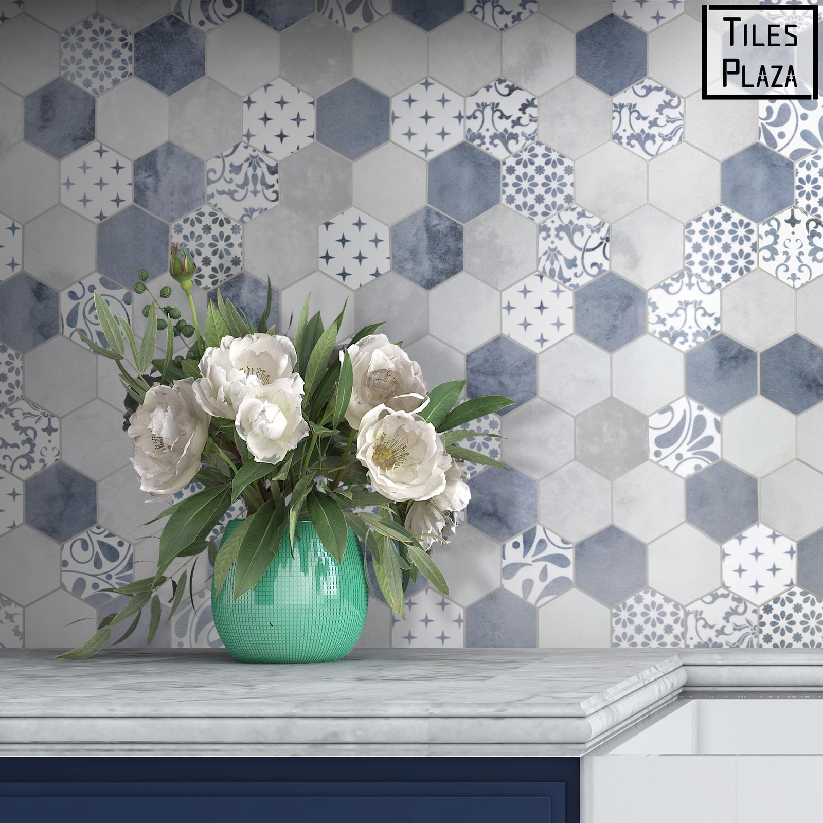 10-Sheet Peel and Stick Backsplash, Blue Cement Hexagon Stone Composite Marbl…