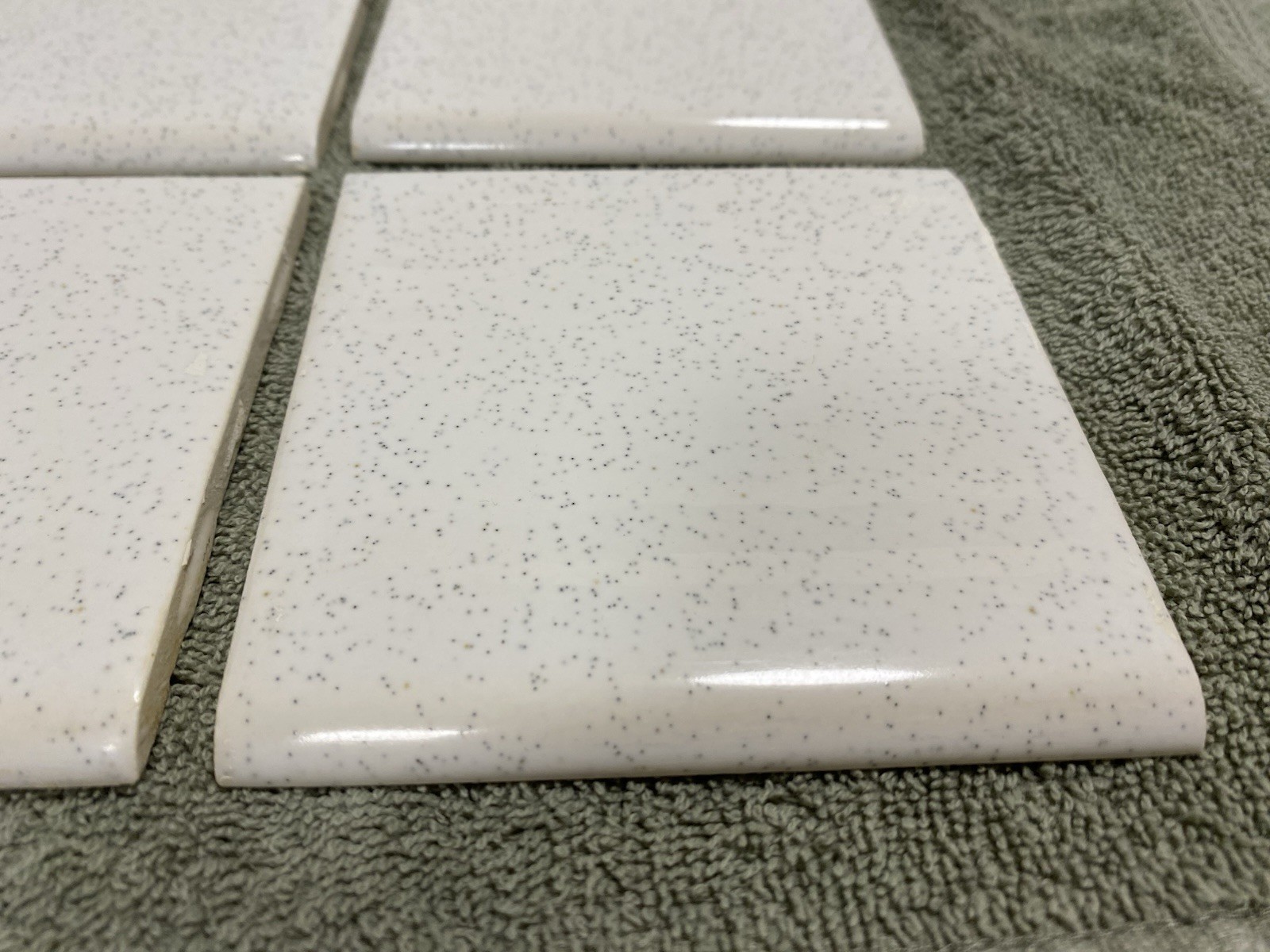 8 – Vintage (1950-60s) White Speckled Ceramic Tile – Bullnose (4.25×4.25)