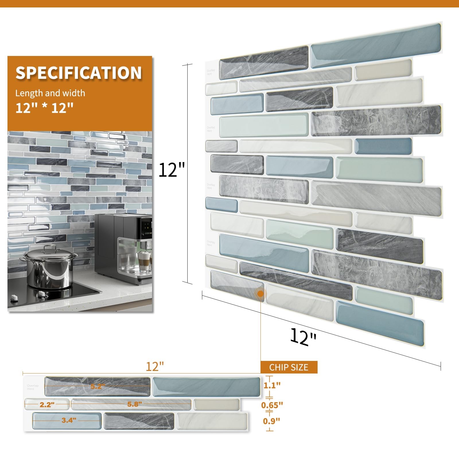 10-Sheet Peel and Stick Backsplash Tile for Kitchen, Back Splash Stick On Blue
