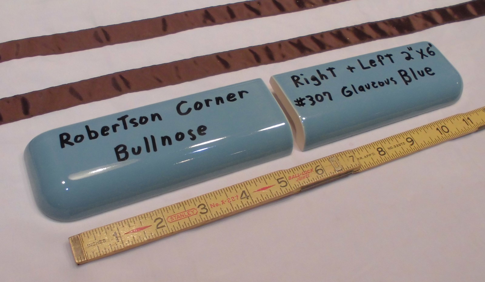 2 pcs. *Blue-Gray* 2″ X 6″ Ceramic Radius Bullnose Corner Tiles by Robertson Co.