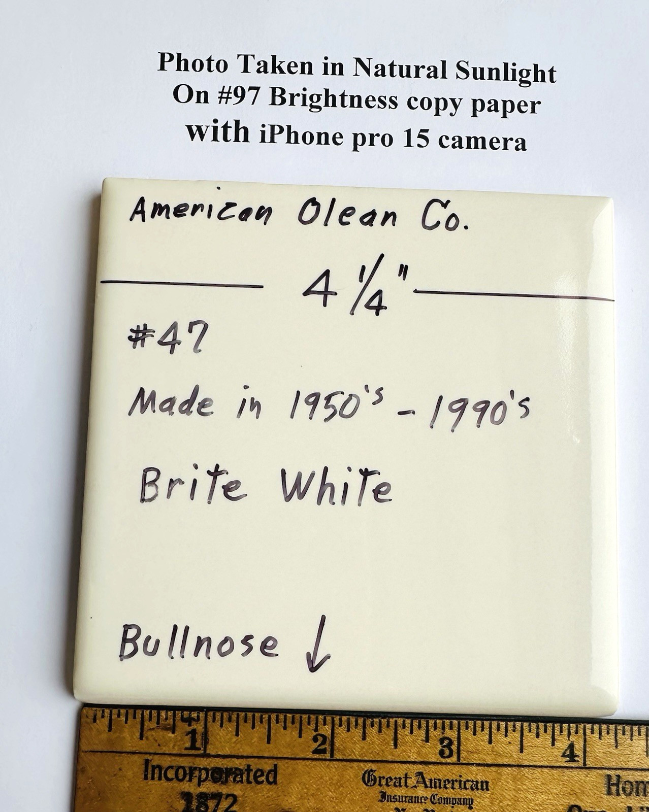 1 pc. Brite Gloss White #47: 4-1/4″ Ceramic Bullnose Tile by American Olean