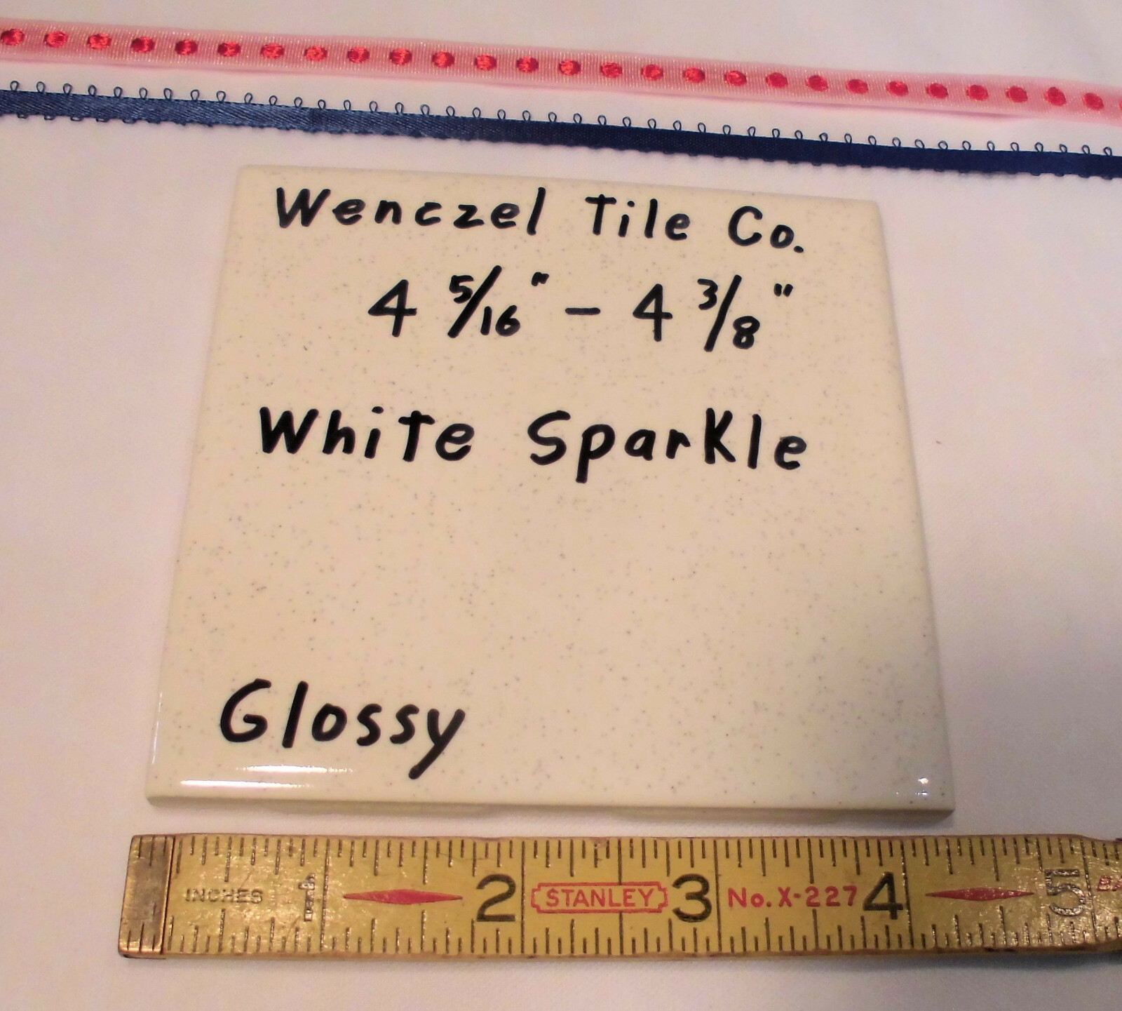 1 pc. Vintage *White Sparkle* Glossy Ceramic Tile by Wenczel 4-5/16″- 4/3/8″