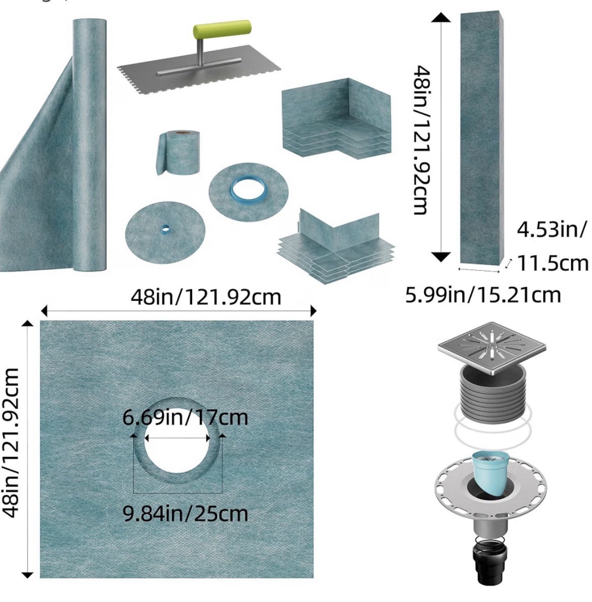 Uimoso Shower Curb Kit 48″x48″ with Central Drain PVC Waterproofing