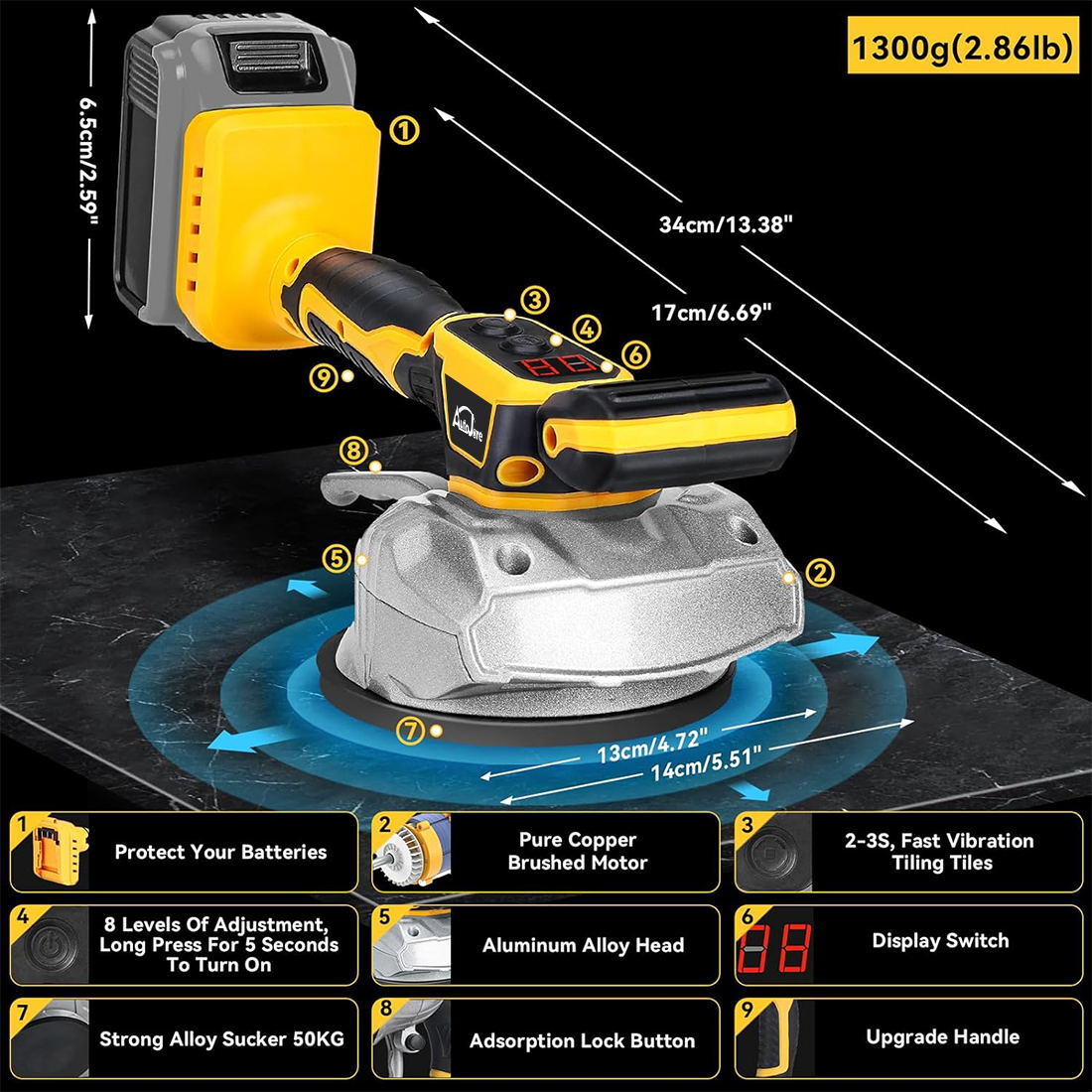 Tile Vibration Leveling Machine for Dewalt 20V Battery,Suction Cup 8-speeds