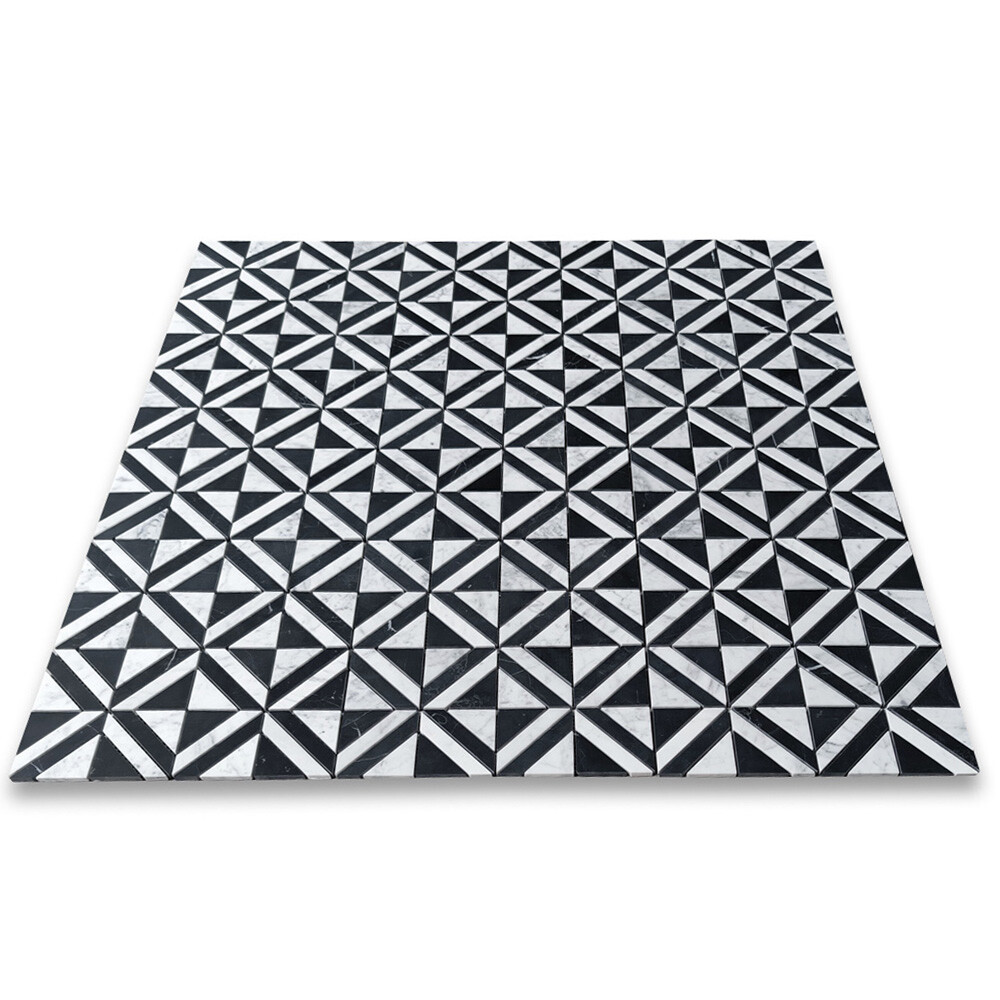 C85E1XH Carrara White Marble Striped Square Maze Mosaic Tile Marquina Black