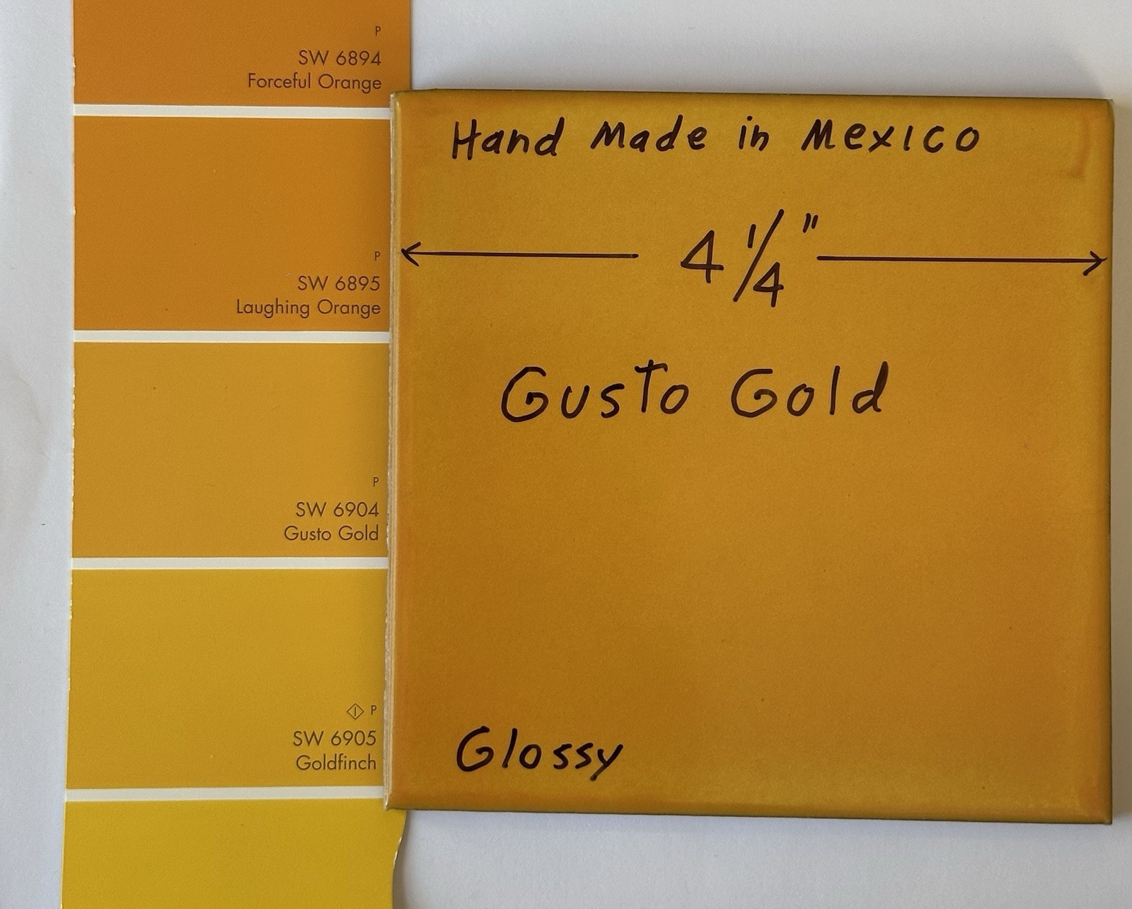 1 pc. Golden-Yellow: 4-1/4″ Hand-Made in Mexico, Glossy Red-Clay Ceramic Tile
