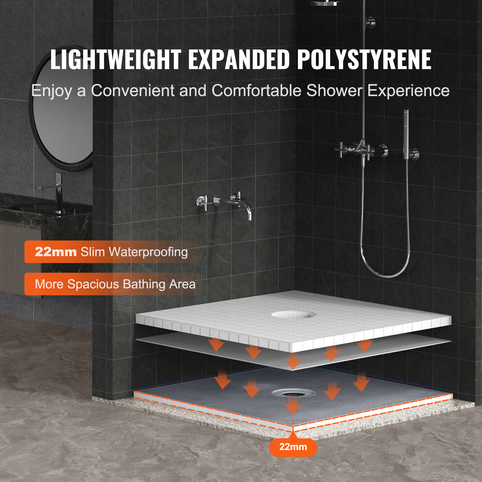VEVOR Waterproofing Shower Curb Tray Kit 36″x36″ w/ Central Drain Thickened