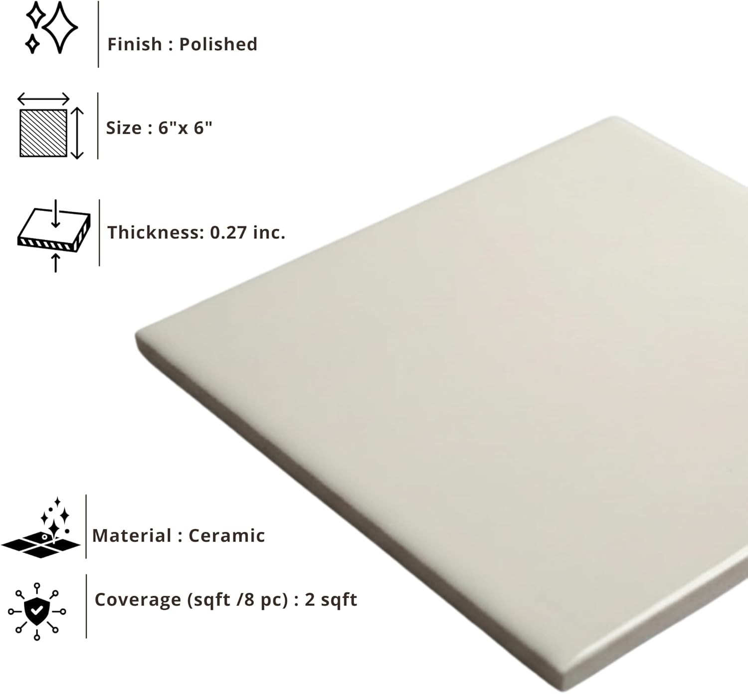 6×6 Glossy Ceramic Wall Tile Bathroom & Kitchen Backsplash Easy to Clean Durable