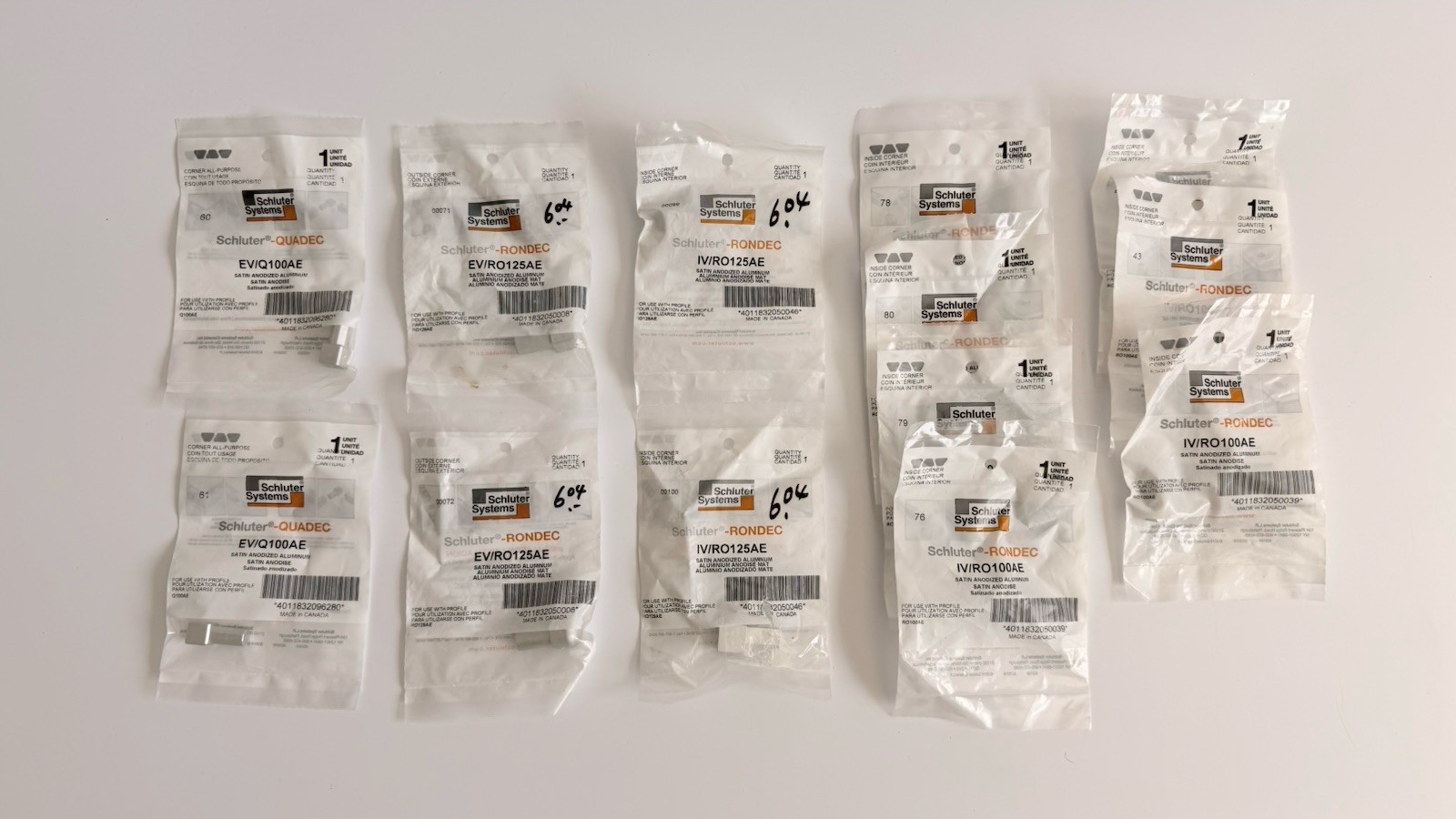 Lot of 15 Schluter Rondec & Quadec Satin Anodized Aluminum Tile Trim – New