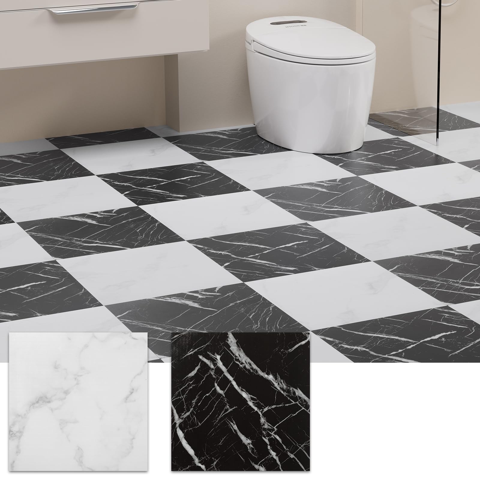 Peel and Stick Floor Tile, 30 PCS 12″ x 12″ Checkered Waterproof Marble Textu…