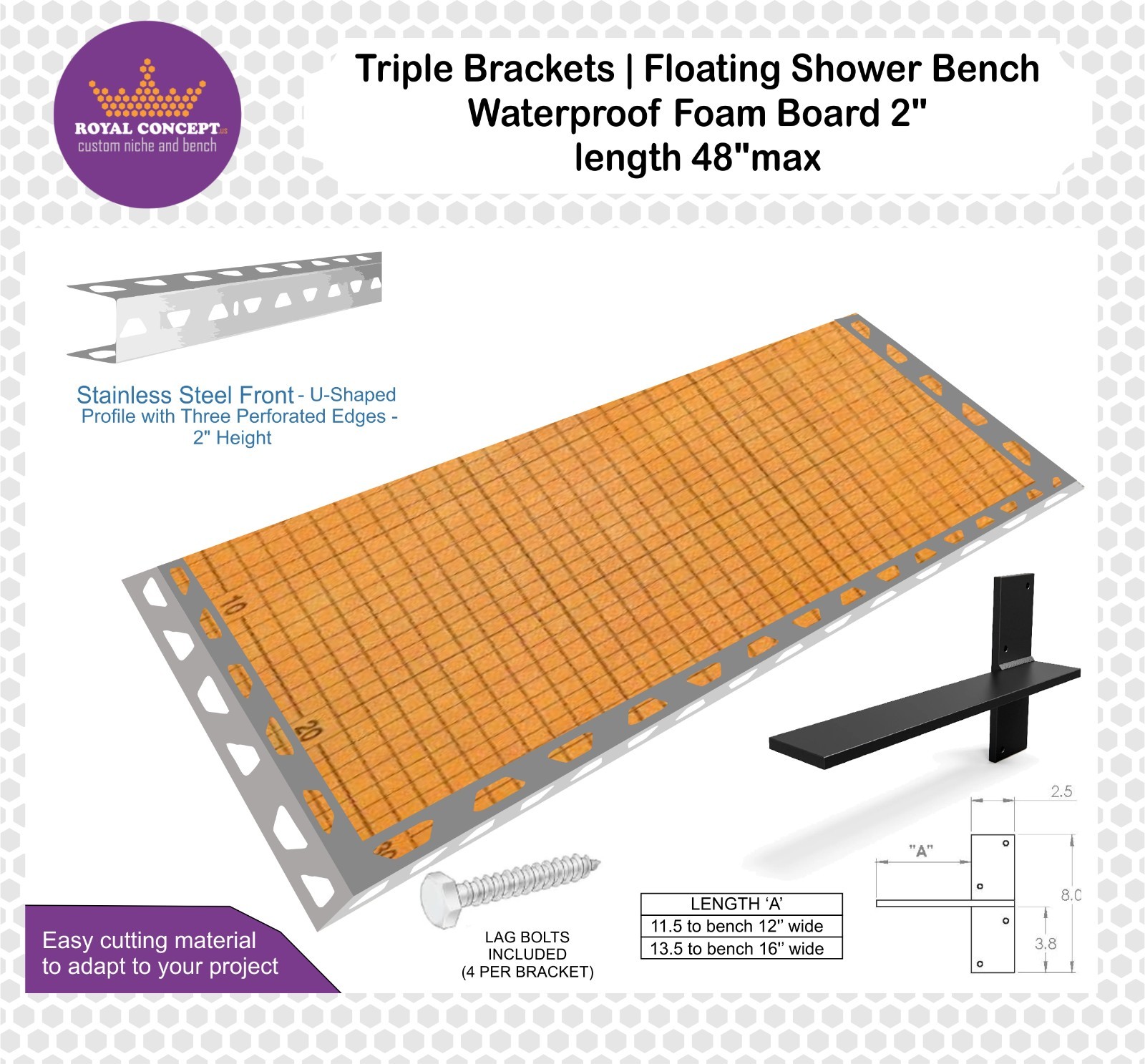 Triple Brackets Floating Bench – Schluter Kerdi-Board 2″ – L48xW16xH2