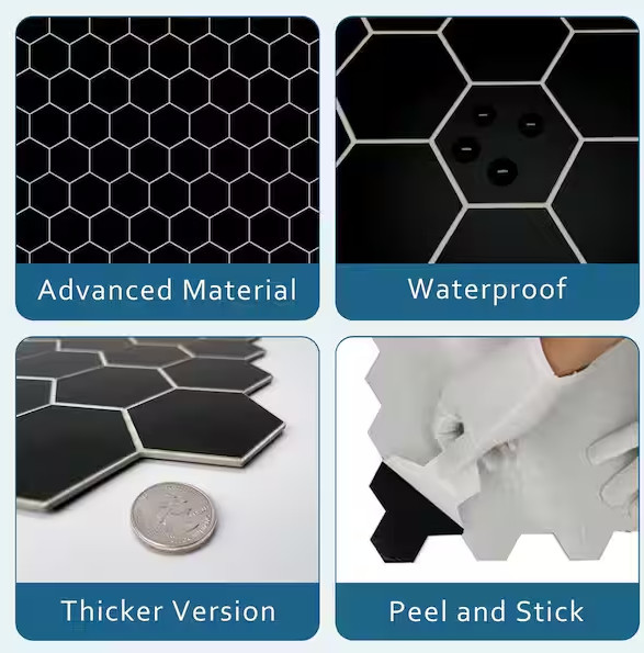 Hexagon 12 in. x 12.2 in. Black SPC Peel and Stick Backsplash Wall Tile (10 PK)