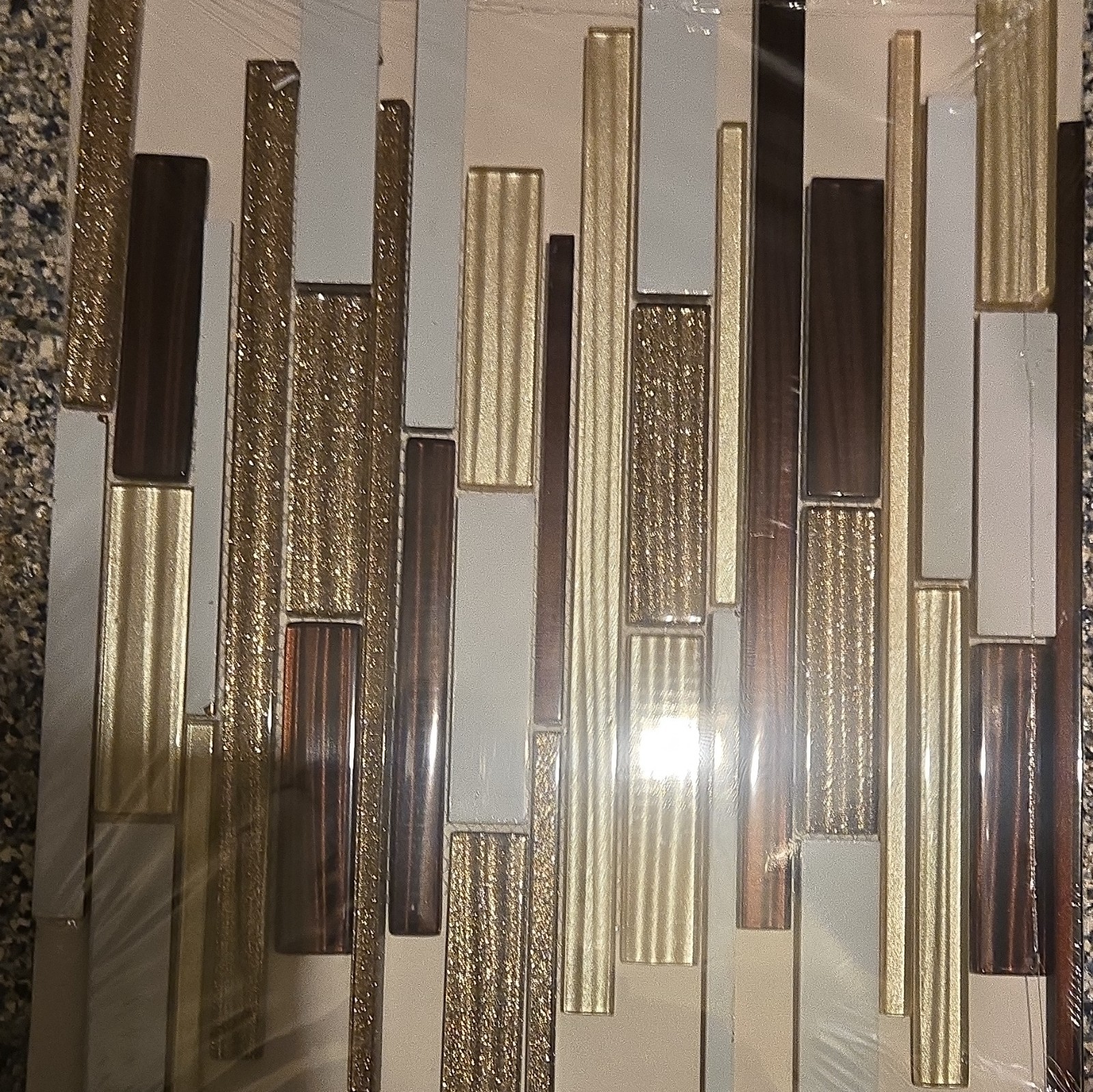 4 Glass Mosaic Tile Sheet Gold/Brown/White Stripe 12 By Glossy Wall, Modern
