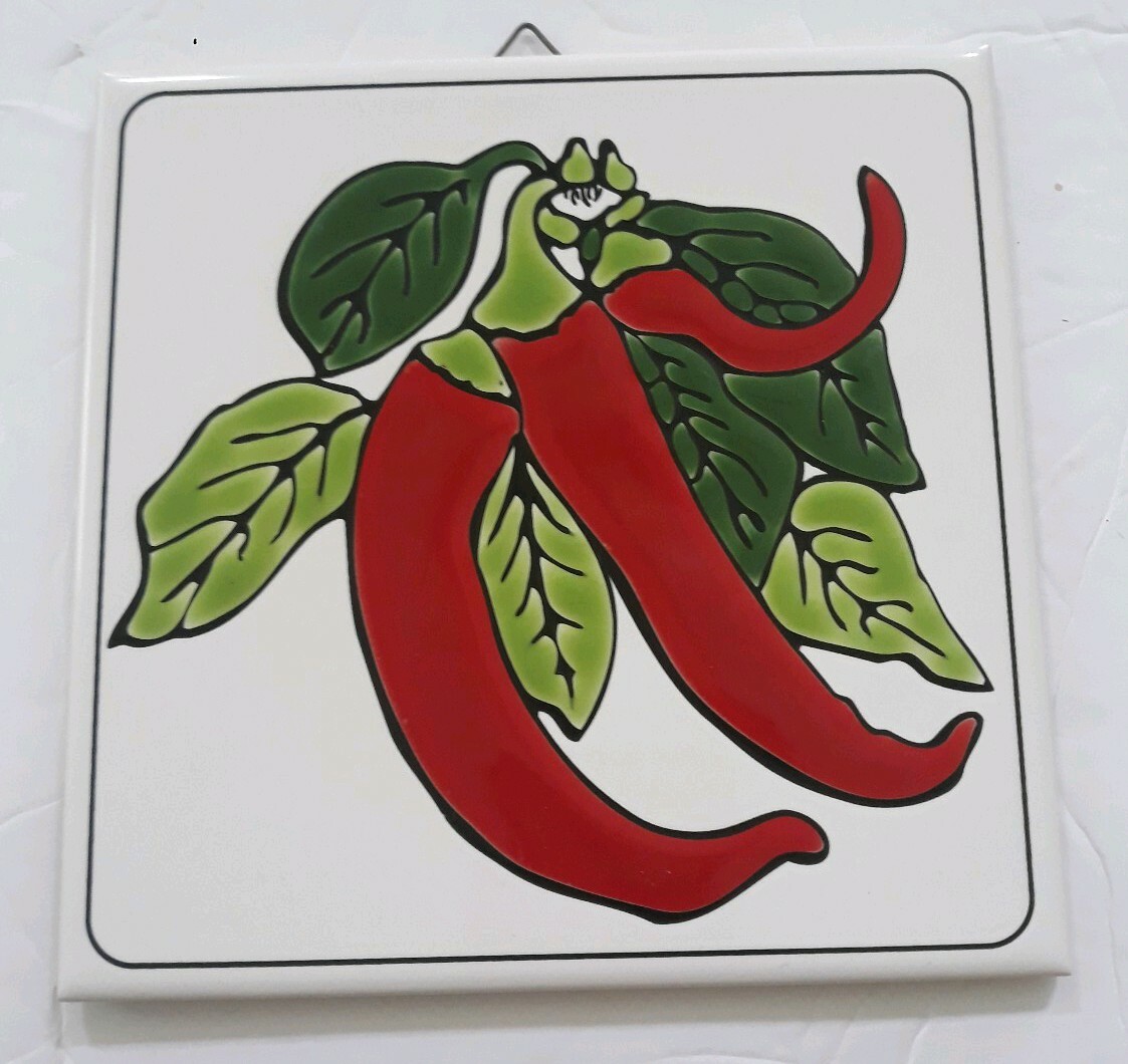 Lot of 3 Art Decorative Ceramic tiles Hibiscus, chili peppers & Carmel Mission