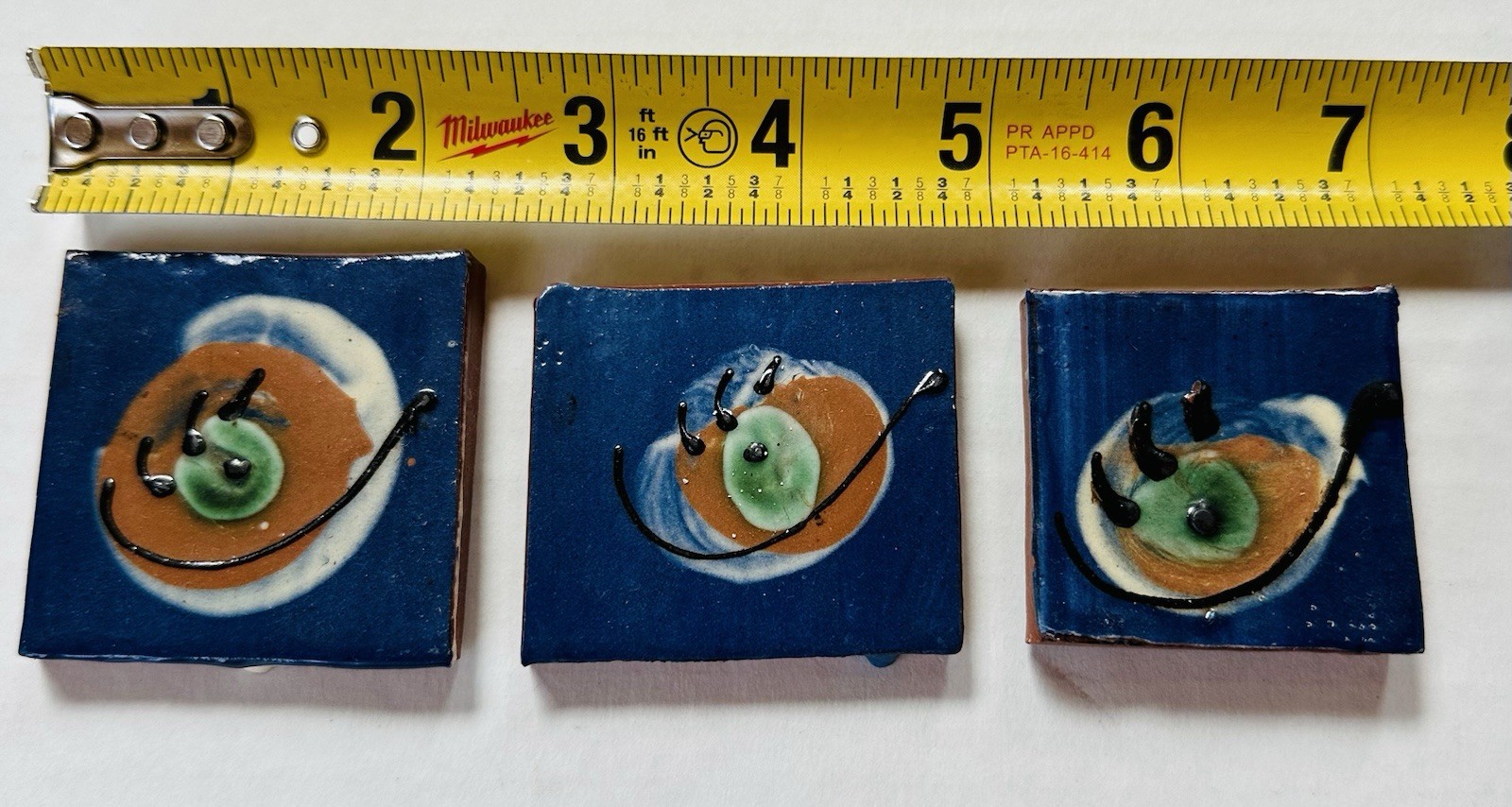 3 Vtg Cobalt Blue Ceramic Telavera Wall tiles 2 1/8” , 1 7/8” Handmade 1950s