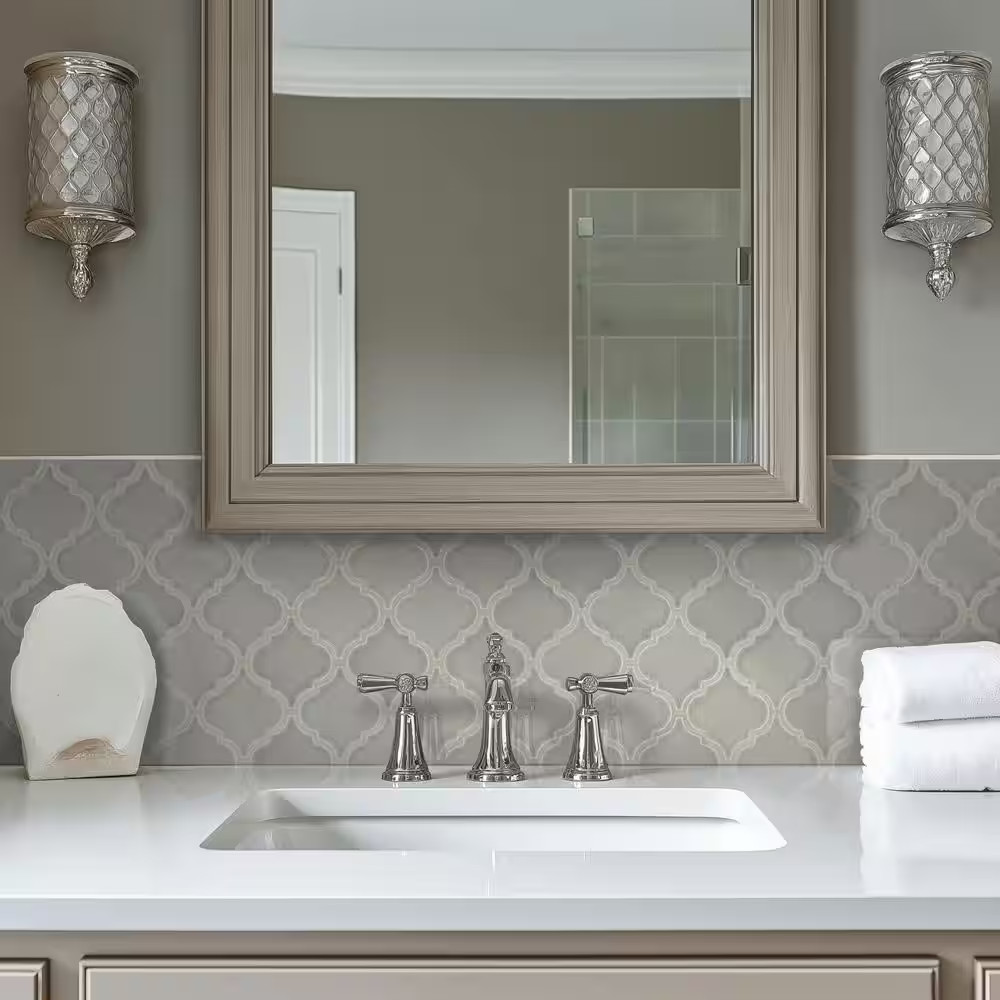 Dove Gray Arabesque 11 In. X 15 In. Crackled Glossy Ceramic Mosaic Kitchen & Bat