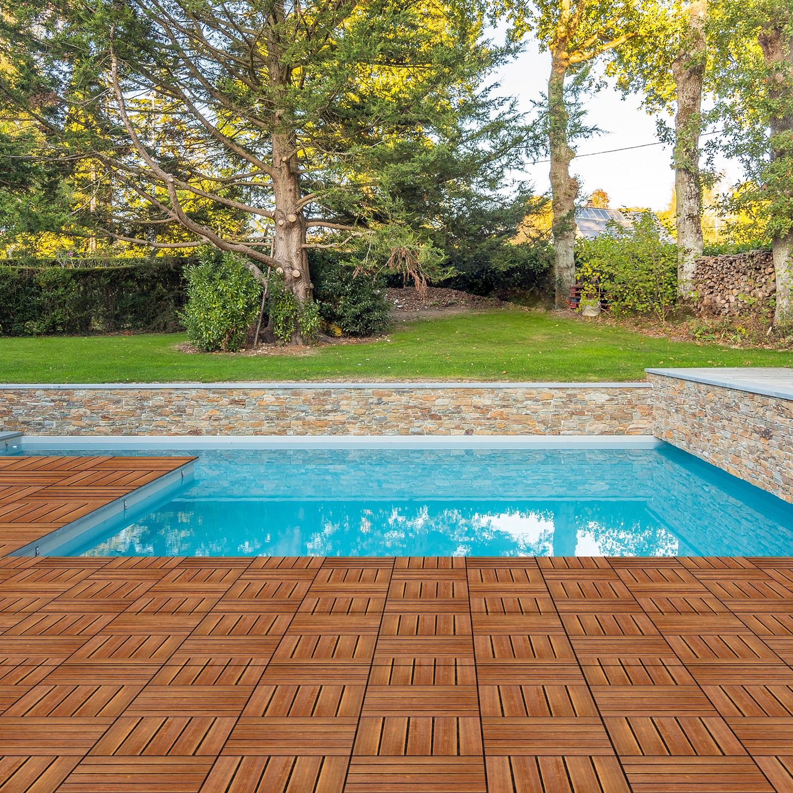 27pcs Wood Interlocking Deck Tiles 11.8″x11.8″, Waterproof , Stripe Pattern