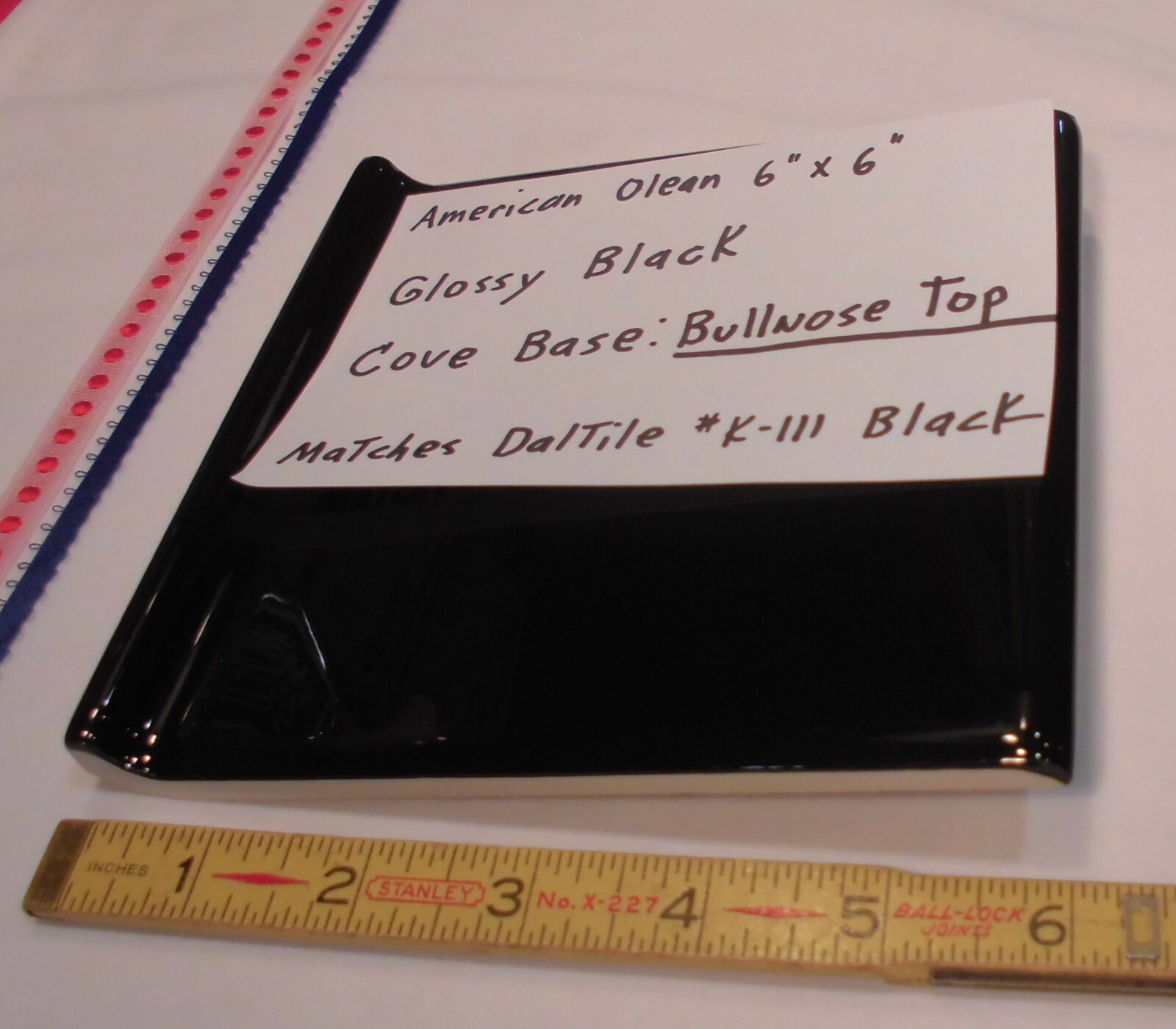 1 pc. Glossy Black Bullnose Top: base/cove Ceramic Tile 6″ X 6″ NEW-STOCK