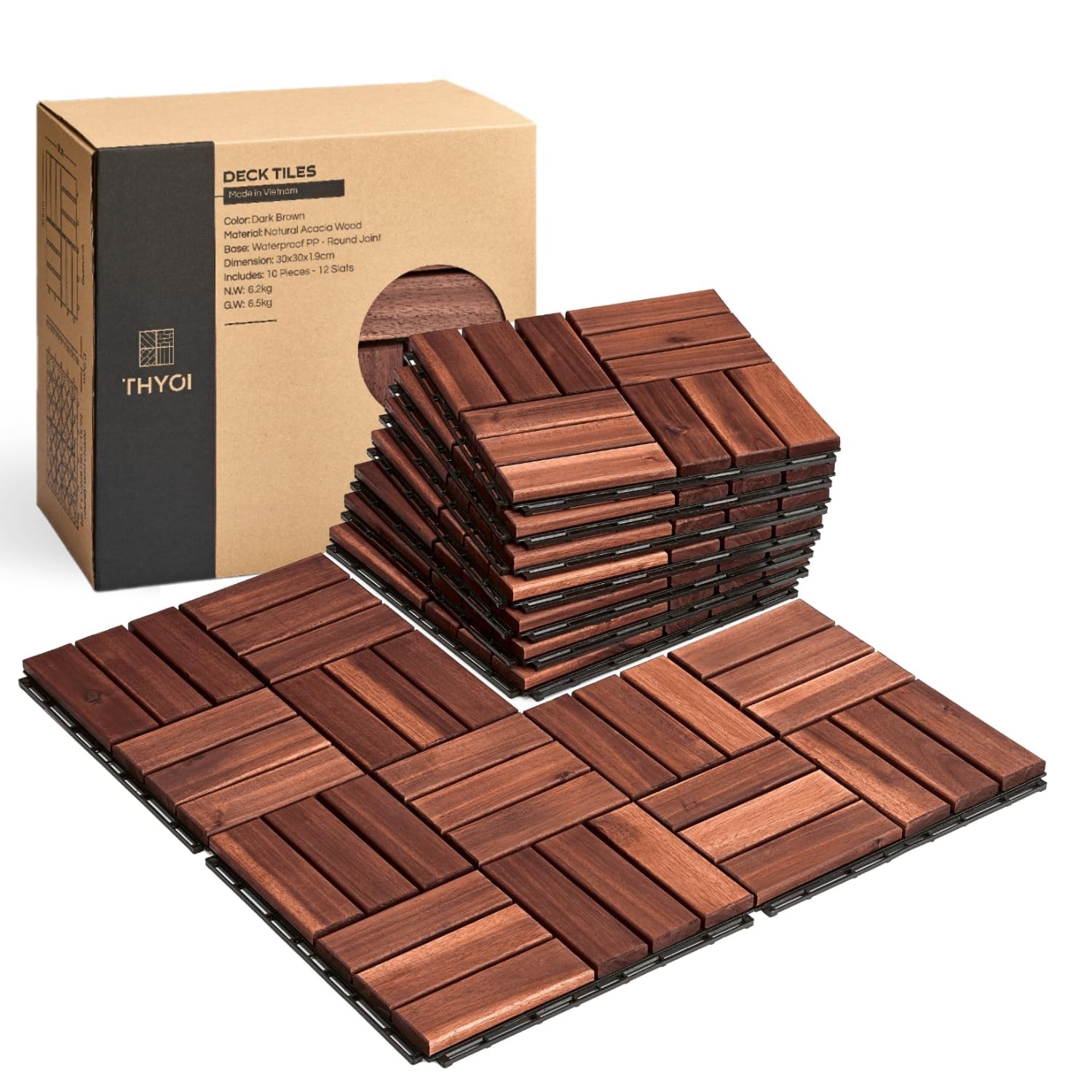 Luxury Acacia Deck Tiles for Patios & Backyards – 10 Pcs, Easy Snap Assembly