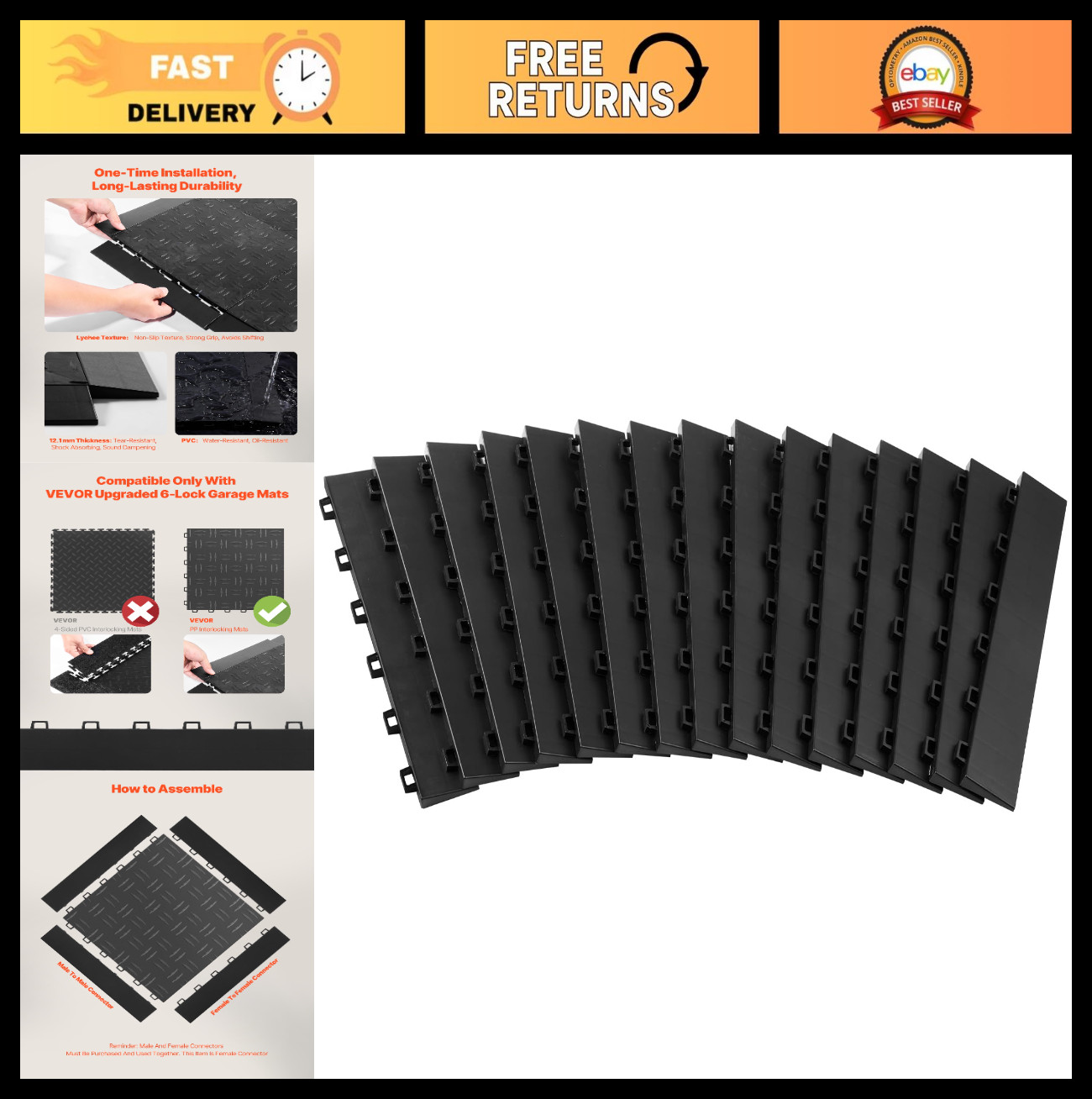 Garage Floor Transition Edge Kit – 15 PCS Slip-Resistant Interlocking Edging, Ea