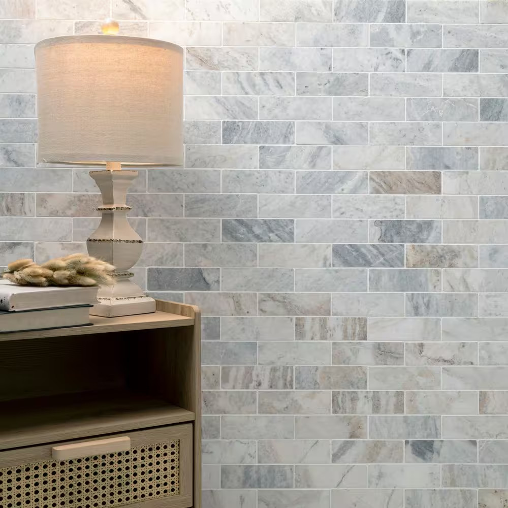 Capri Blue Subway 12 In. X 12 In. X 0.38 In. Honed Marble Mesh Mounted Mosaic Fl