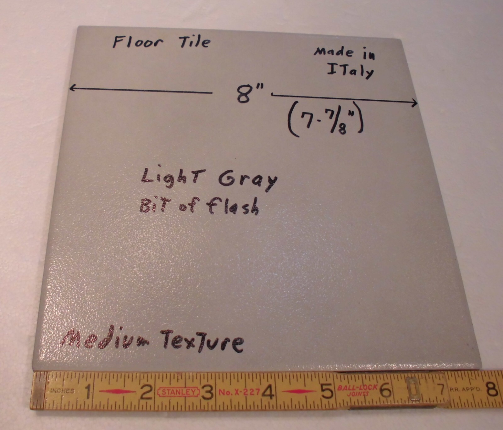 1 pc. “Light Gray” 7-7/8″ Ceramic Floor Tile: Medium Textured, Italian, flash