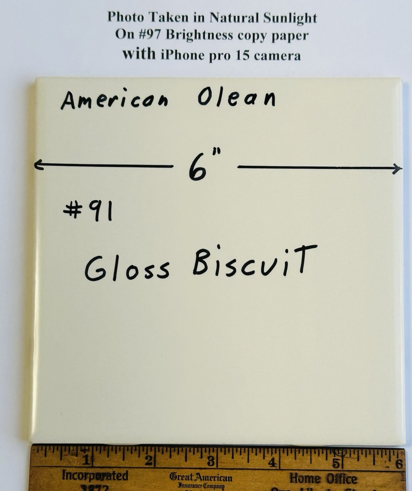 1 pc. 6″ X 6″ Gloss Biscuit: 6″ X 6″ Ceramic Tile #91 by American Olean, NEW