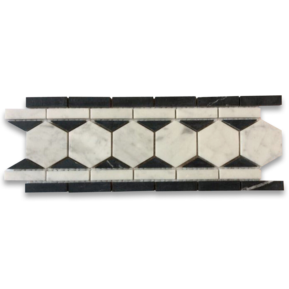 C32B1XH Carrara White Marble 2 Hexagon Listello Mosaic Border Tile Black Honed