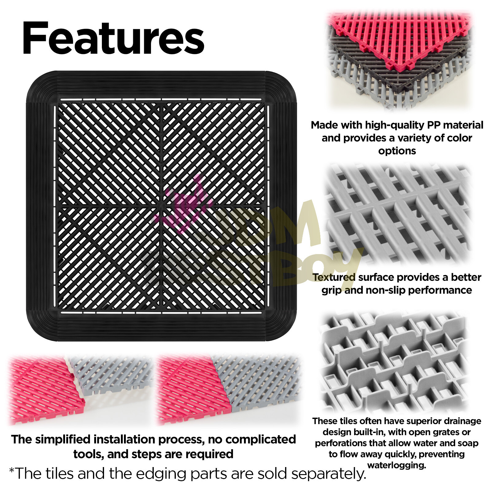 34pcs 16″x16″ Black Garage Floor Mat Perforated Flooring Tile Shop Interlocking